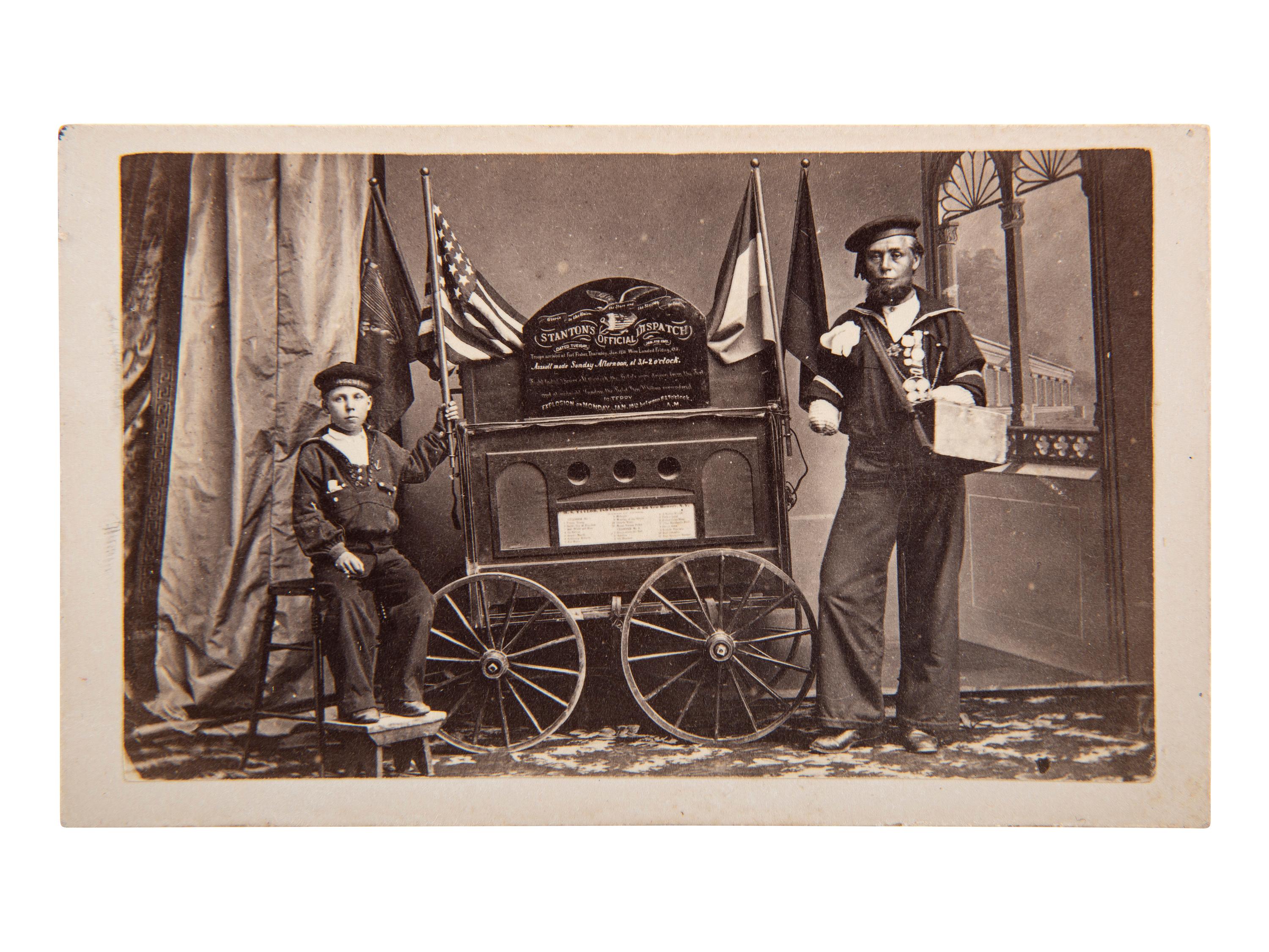 [CIVIL WAR]. FETTER, photographer. "Stanton's Official Dispatch," CDV featuring identified double amputee from Fort Fisher. Logansport, IN: 1865.