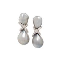 CULTURED GREY BAROQUE PEARL AND DIAMOND EARCLIPS