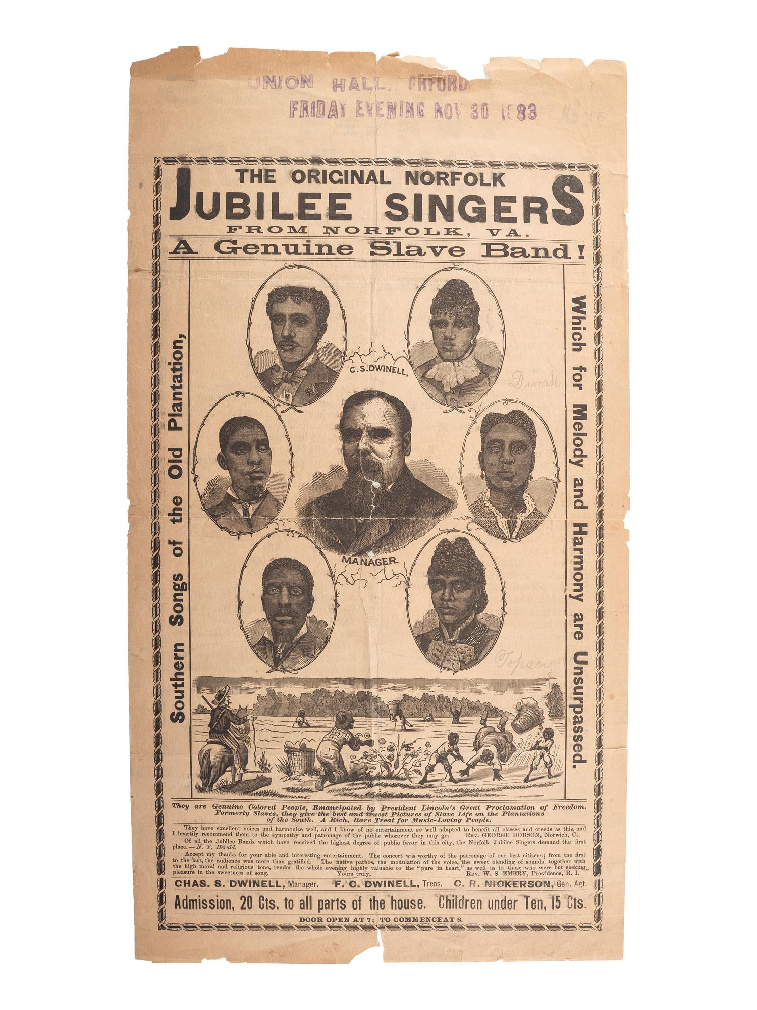 [MUSIC]. The Original Norfolk Jubilee Singers from Norfolk, VA. A Genuine Slave Band! Lowell, MA: Vox Populi Press, [early 1880s].