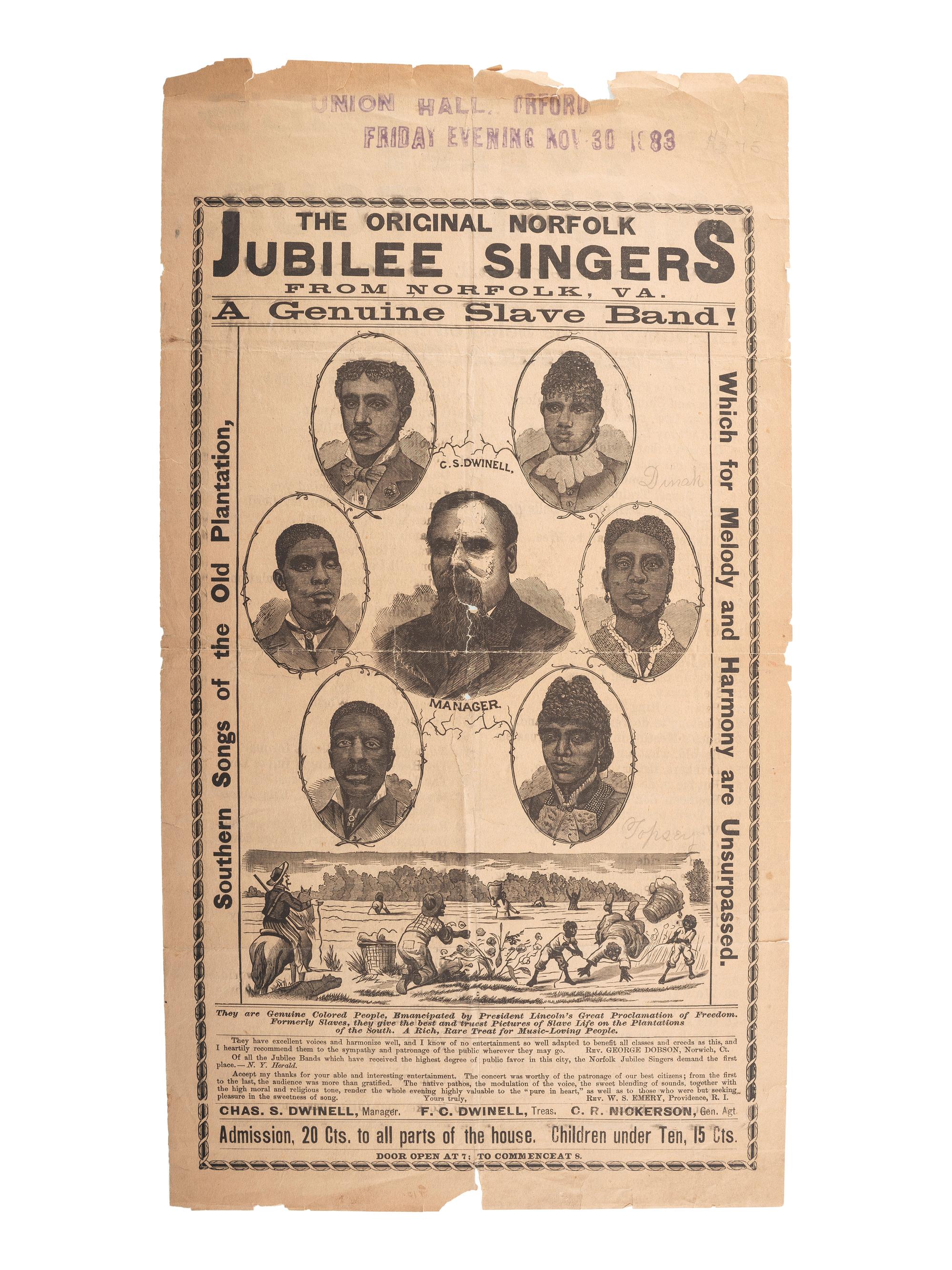 [MUSIC]. The Original Norfolk Jubilee Singers from Norfolk, VA. A Genuine Slave Band! Lowell, MA: Vox Populi Press, [early 1880s].