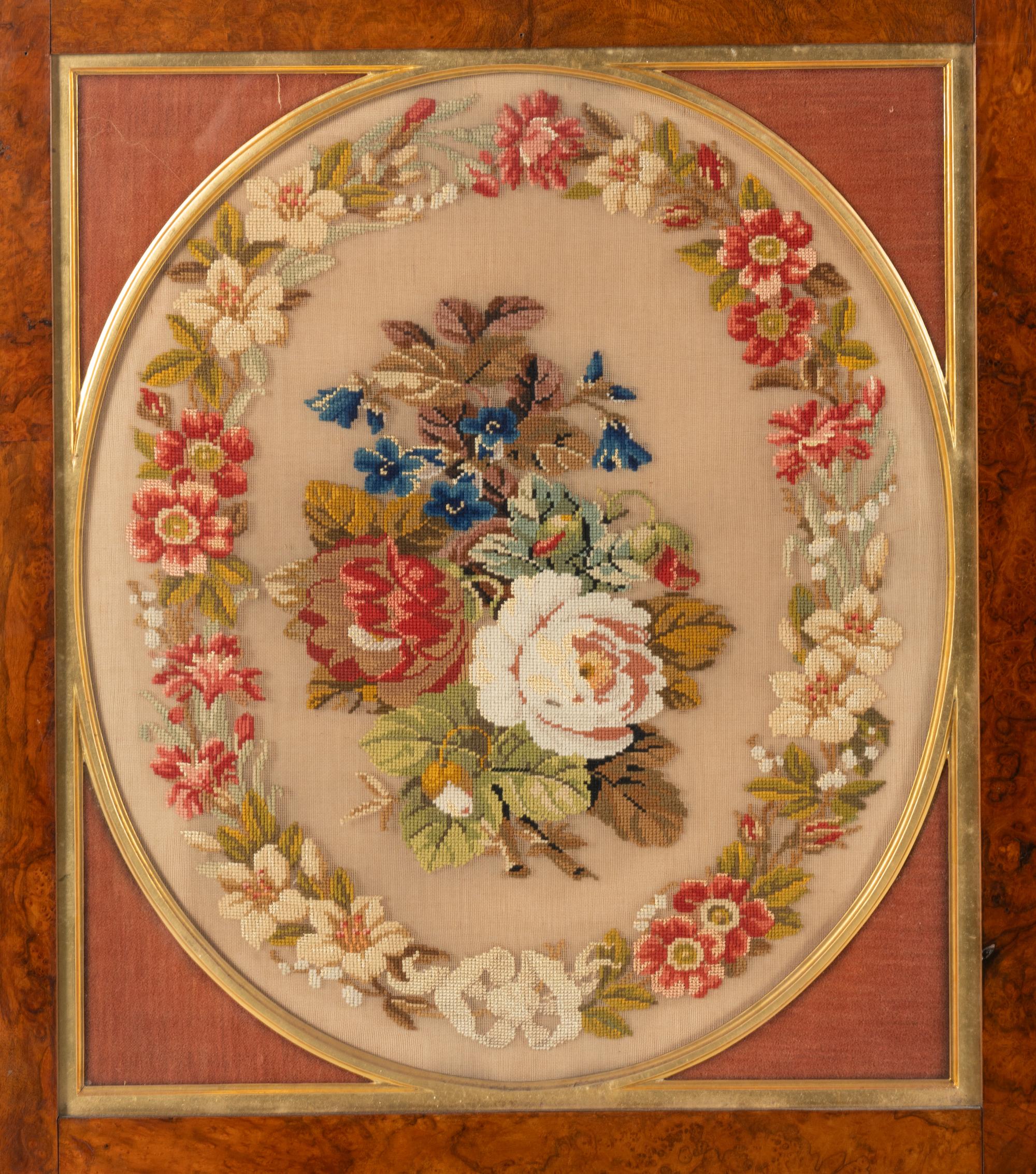 A Regency Style Needlepoint Panel Inset Burlwood Four-Panel Floor Screen