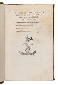 Plautus, Titus Maccius (d. 184 BCE). Ex Plauti comoediis XX quarum carmina magna ex parte in mensum suum restituta sunt MDXXII. Index uerborum, quib. paulo abstrusiorib. Plautus utitur. Argumenta singularum comoediarum. Authoris uita. Tralatio [!] dictionum Graecarum . Venice: Heirs of Aldo Manuzio & Andrea Torresano, July 1522.