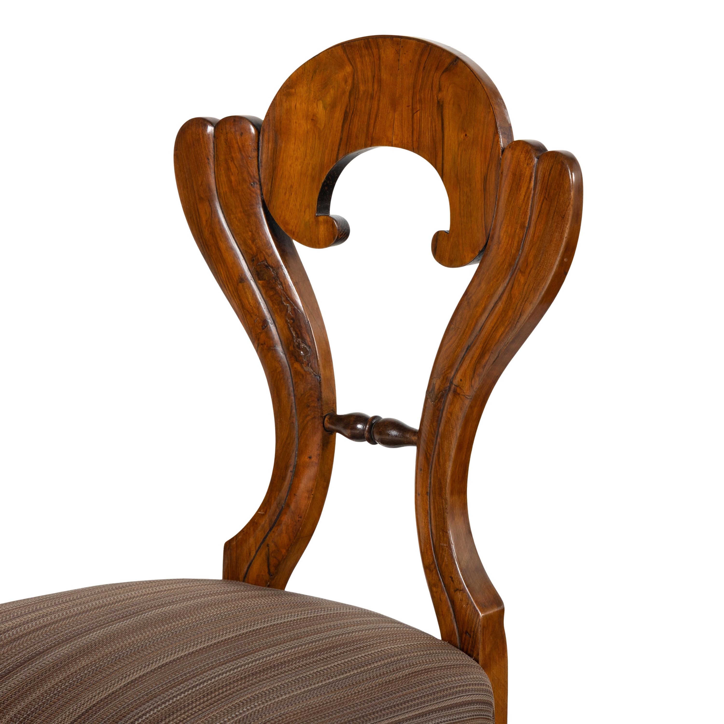 A Set of Six Biedermeier Burl Walnut Side Chairs