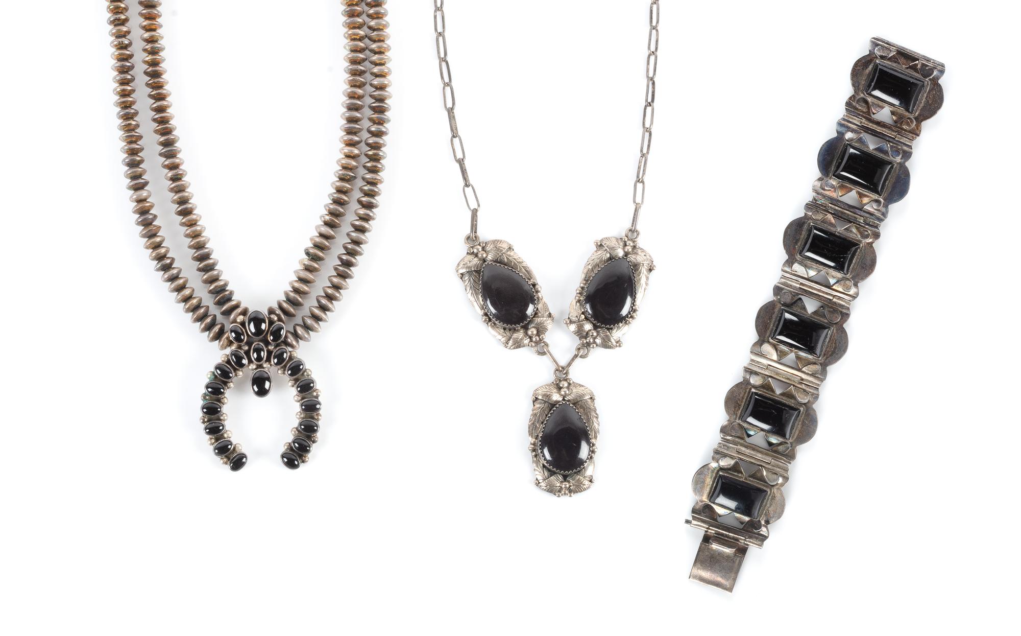 Three Southwestern Silver and Onyx Jewelry Articles Length 12 inches