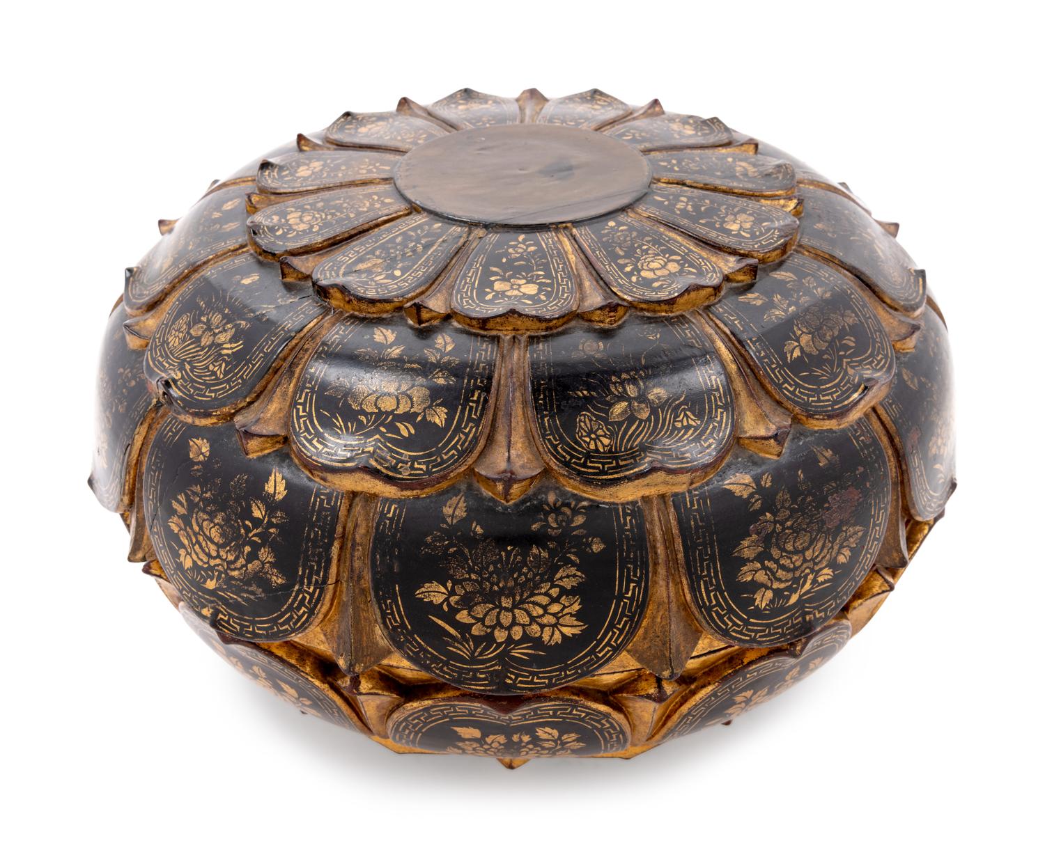 A Large Japanese Parcel Gilt and Black Lacquered Lotus-Form Box and Cover