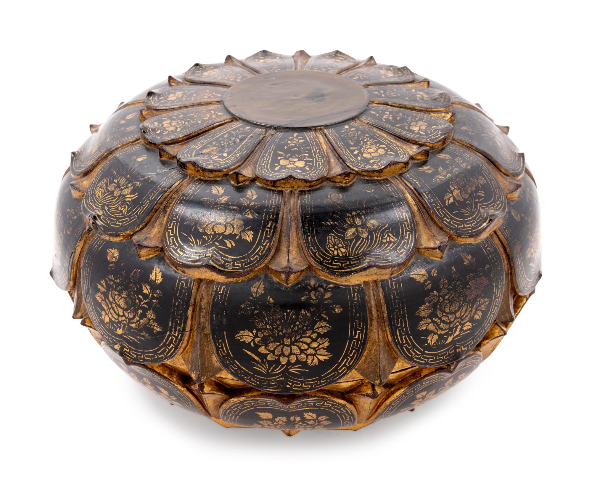 A Large Japanese Parcel Gilt and Black Lacquered Lotus-Form Box and Cover