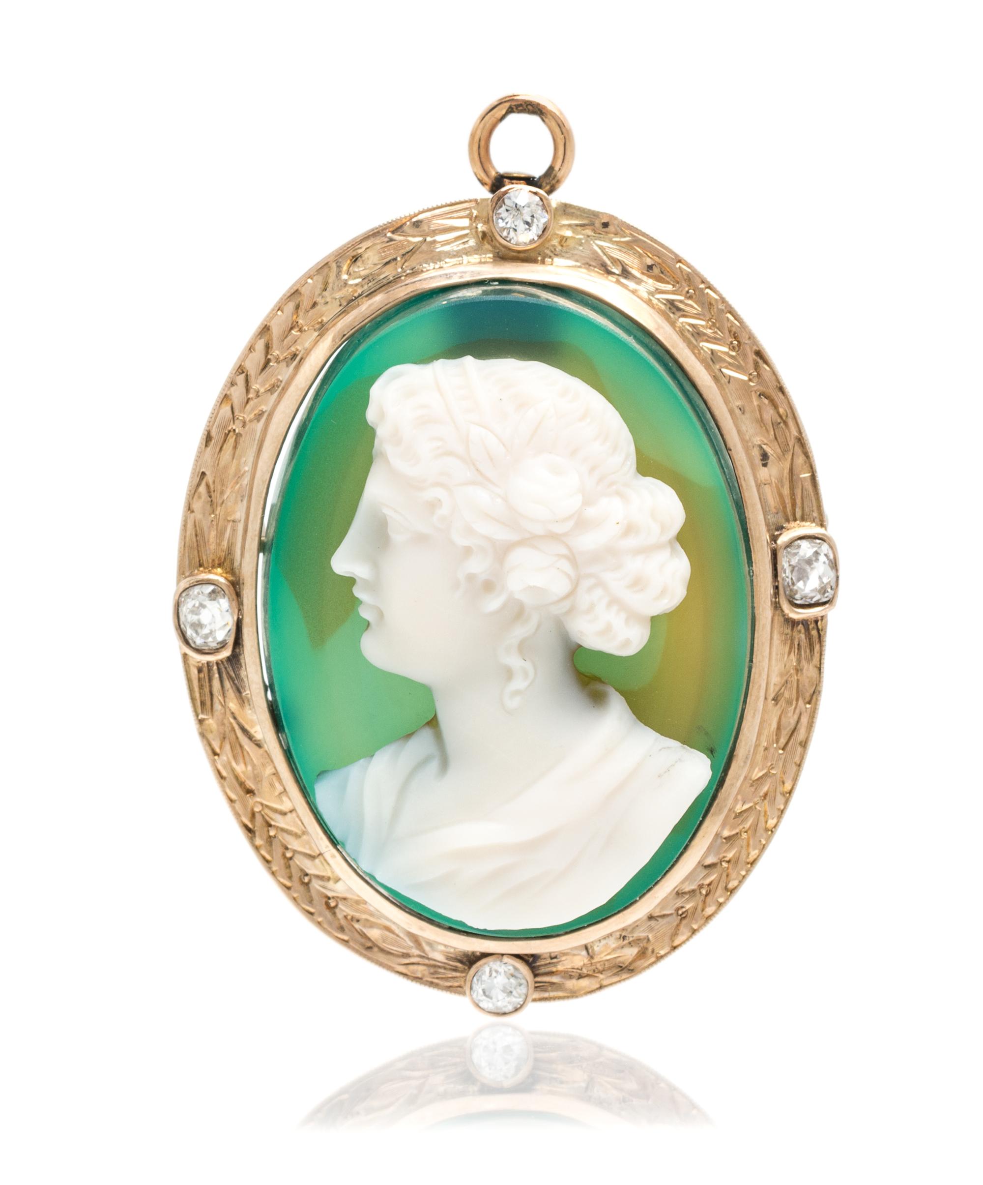 A Yellow Gold, Diamond and Dyed Hardstone Cameo Pendant/Brooch, 11.30 dwts.