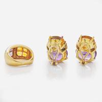 18K Yellow Gold Citrine and Amethyst Ear Clips and Matching Ring