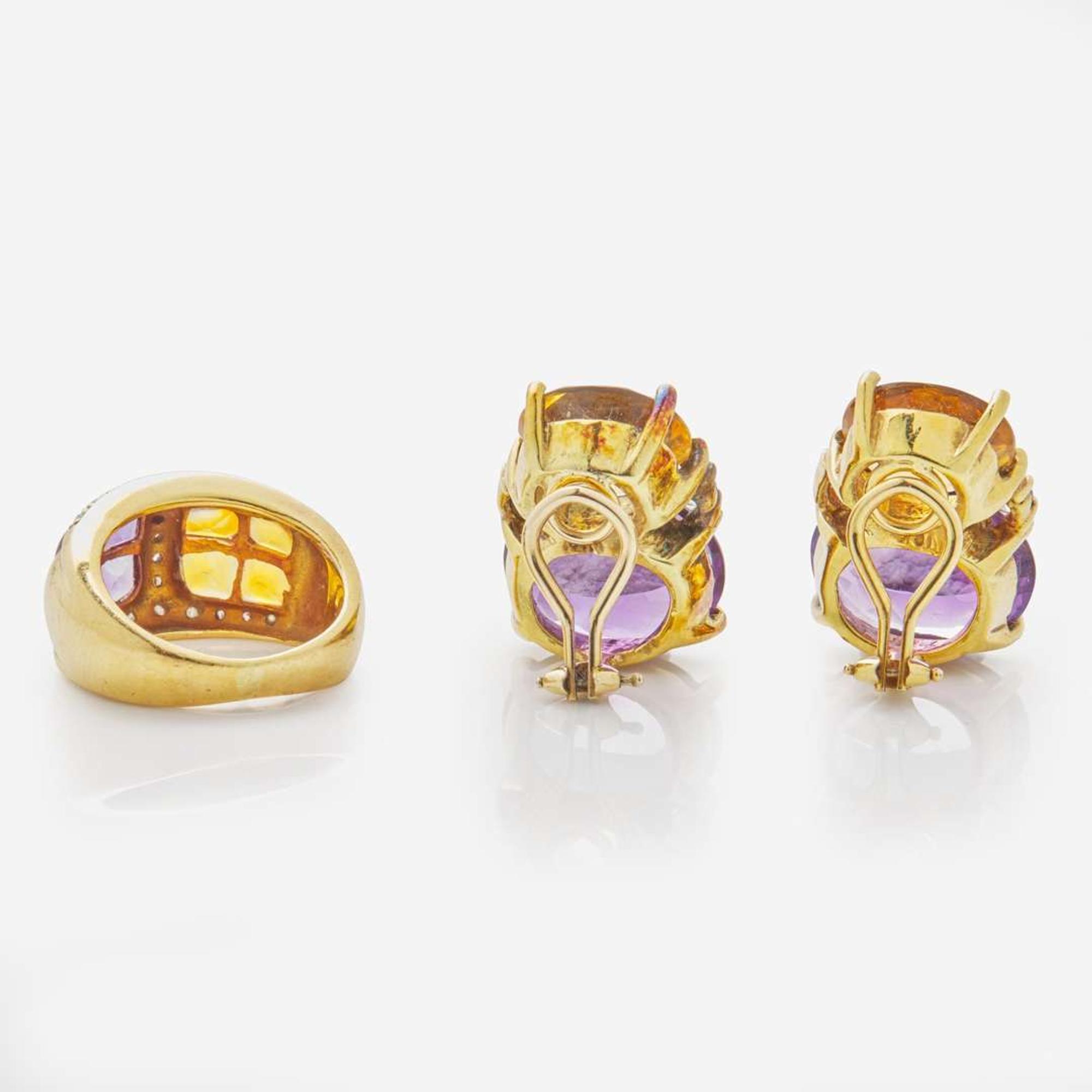 18K Yellow Gold Citrine and Amethyst Ear Clips and Matching Ring