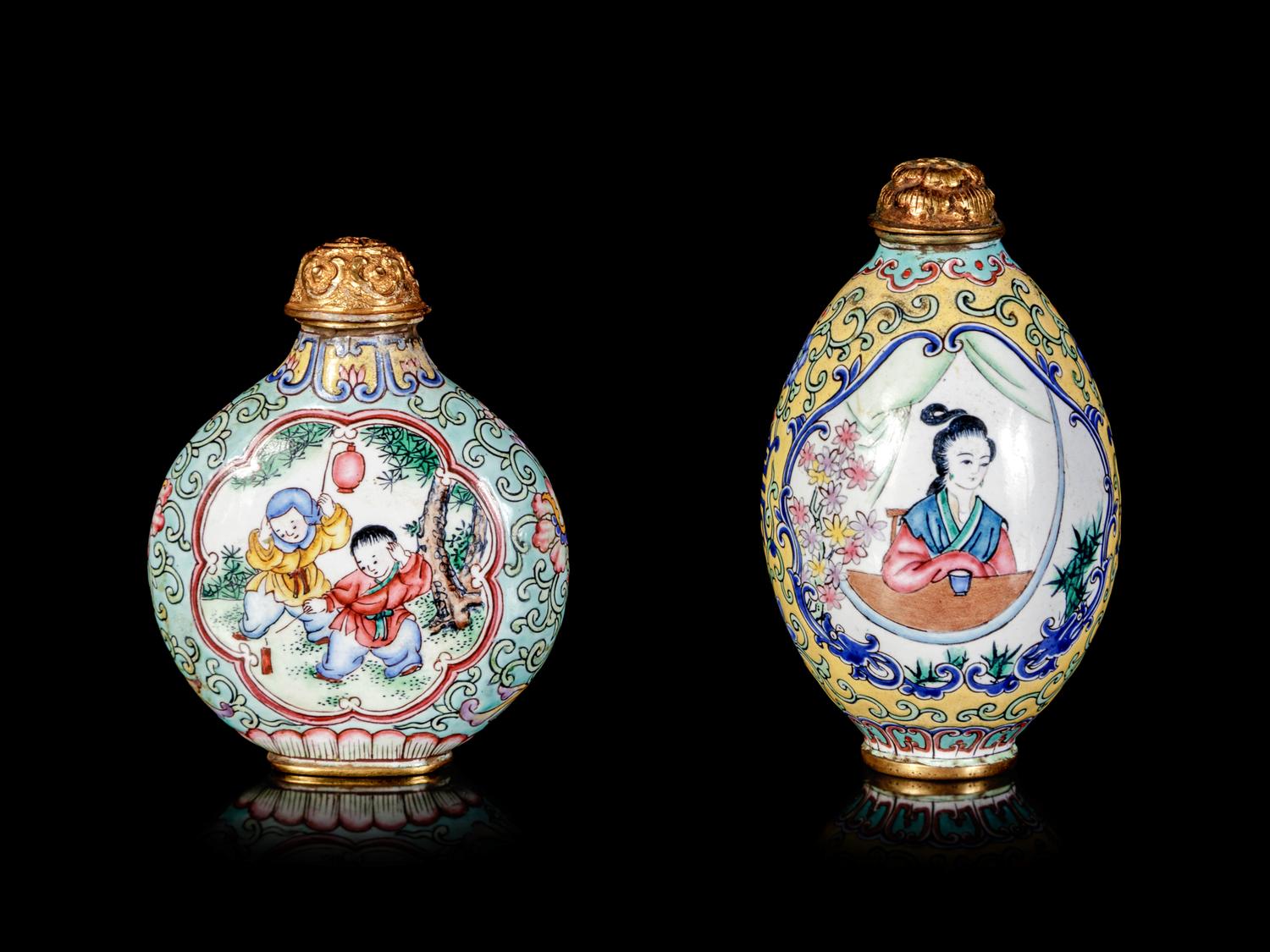 Two Chinese Painted Canton Enamel on Copper Snuff Bottles