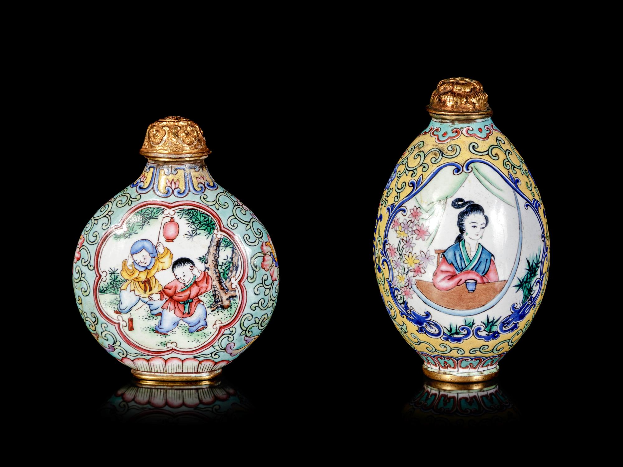 Two Chinese Painted Canton Enamel on Copper Snuff Bottles