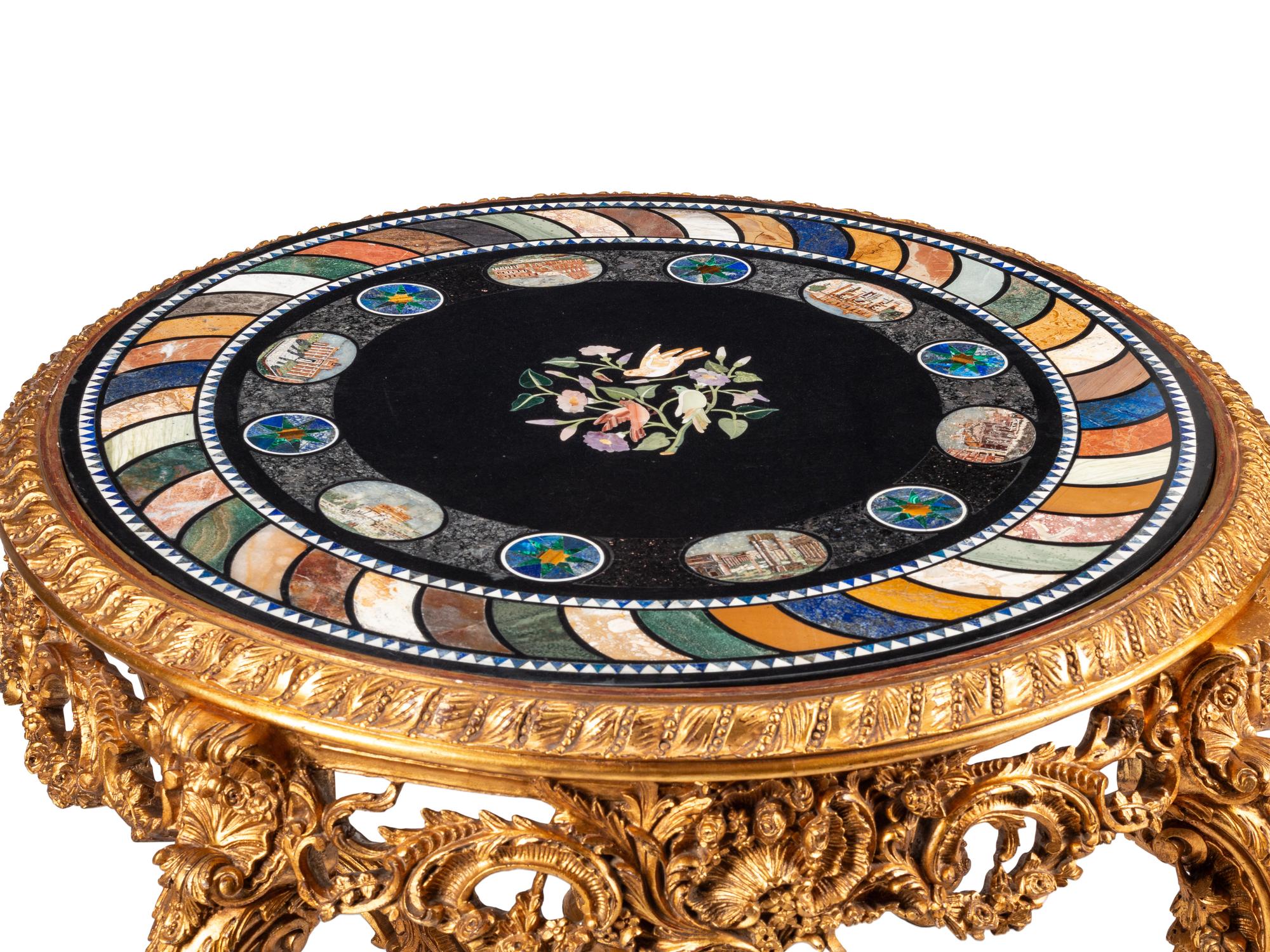 A Continental Giltwood, Specimen Marble and Micro Mosaic Center Table
