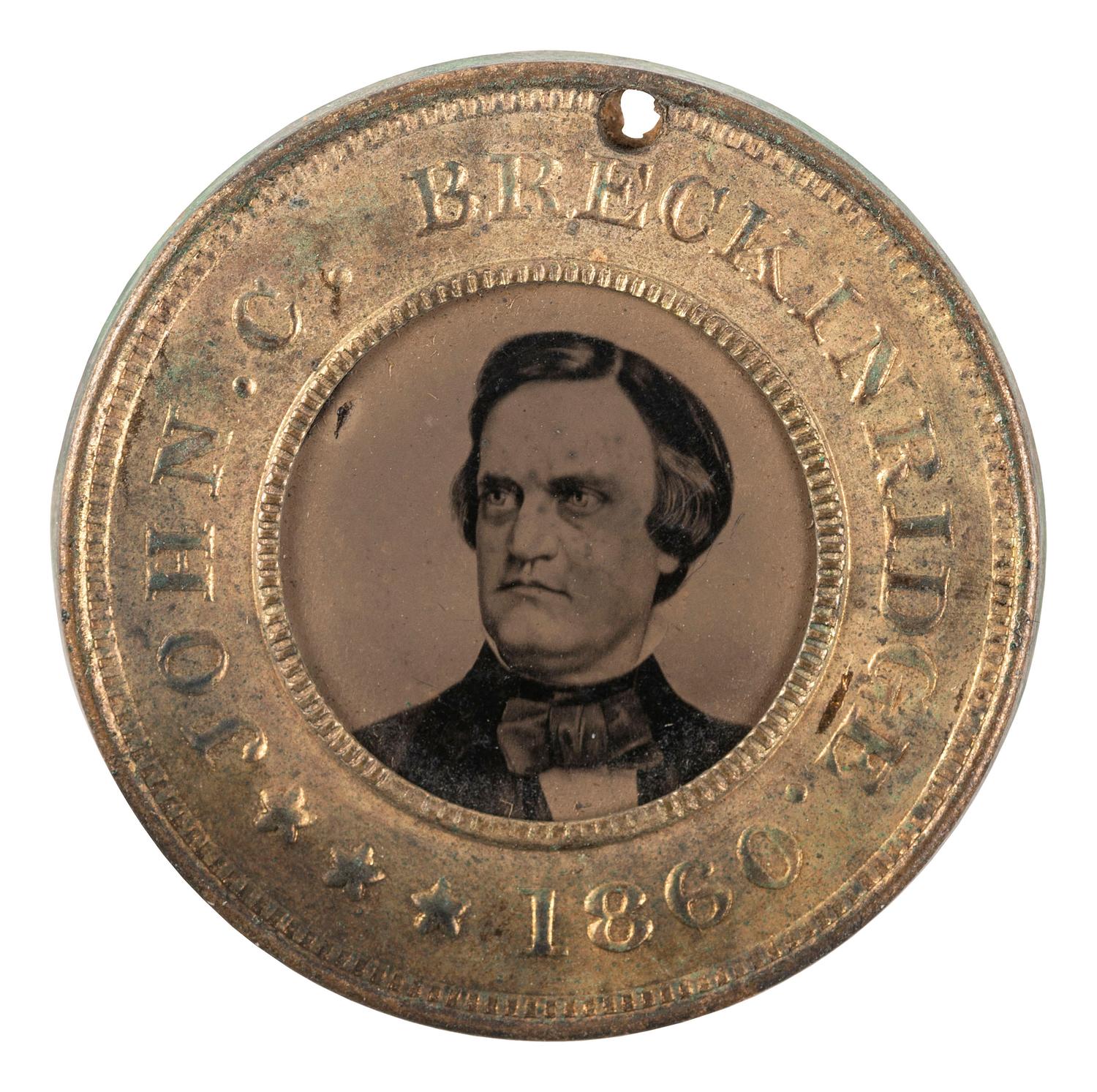 [POLITICS]. John C. Breckinridge and Joseph Lane back-to-back campaign ferrotype badge. 1860.