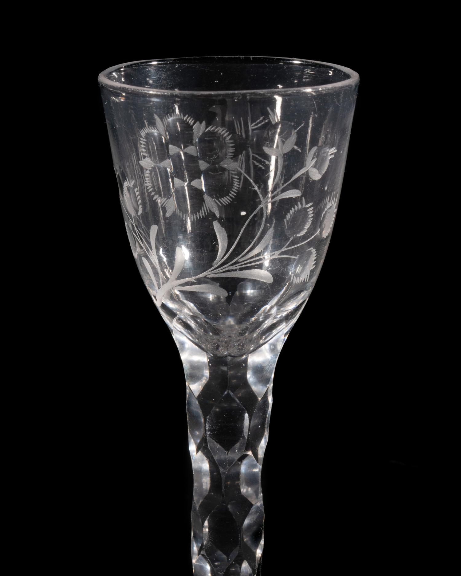 A Jacobite Engraved and Facet Cut Wine Glass