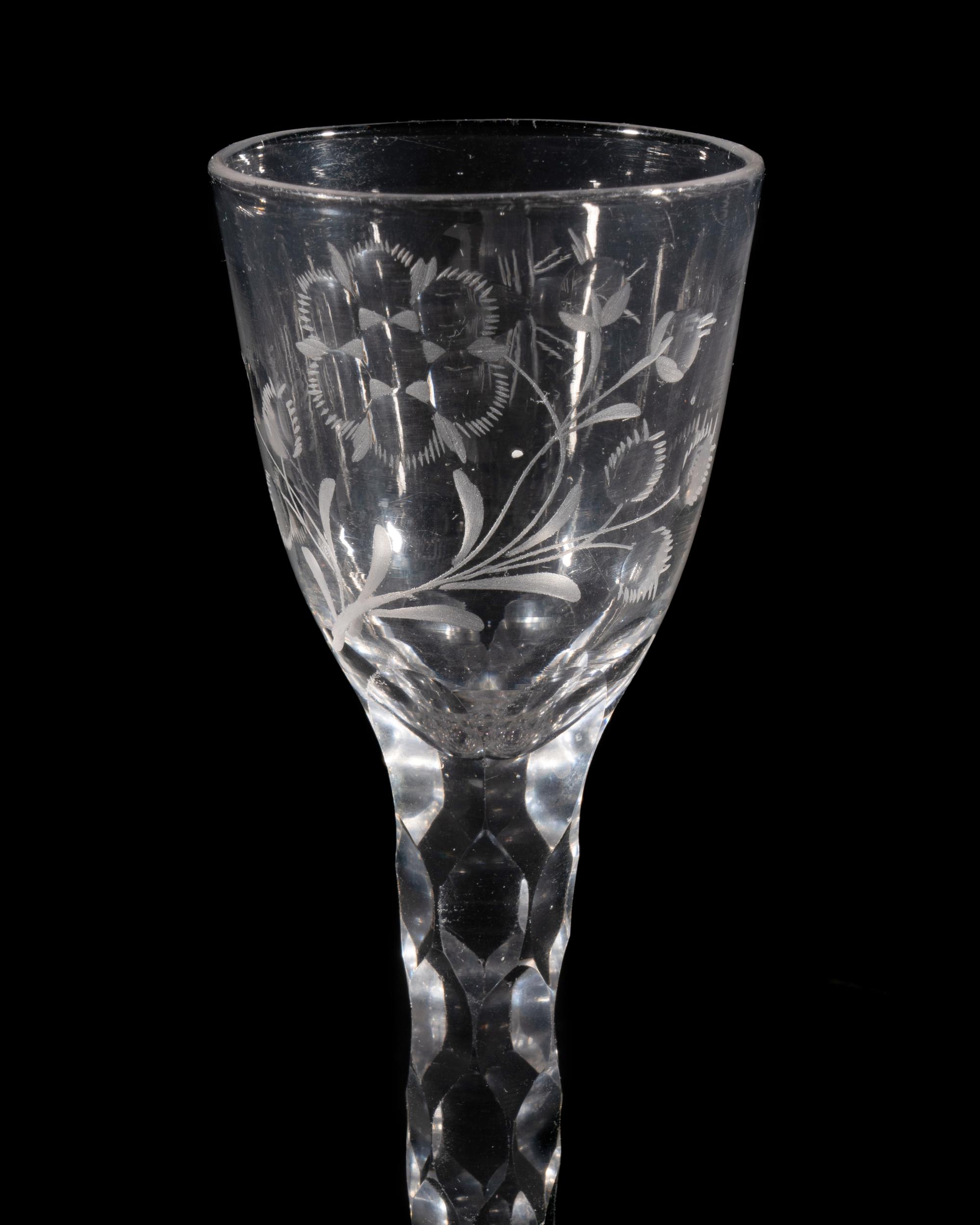 A Jacobite Engraved and Facet Cut Wine Glass