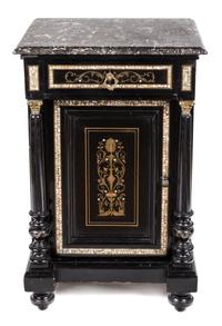 A Victorian Mother-of-Pearl and Brass Inlaid Night Cabinet Height 32 x width 21 x depth 17 inches. — LATE 19TH CENTURY