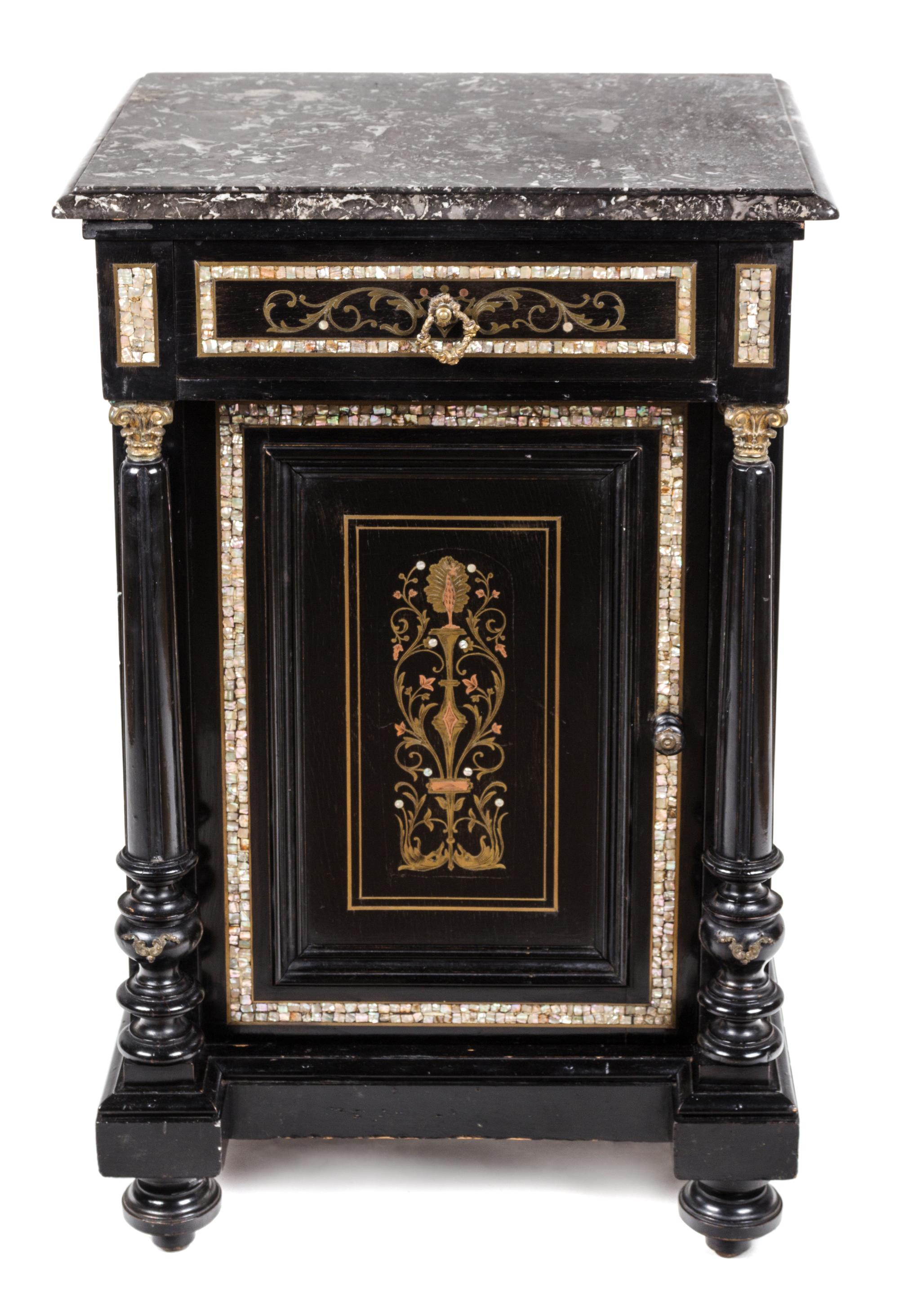 A Victorian Mother-of-Pearl and Brass Inlaid Night Cabinet Height 32 x width 21 x depth 17 inches. — LATE 19TH CENTURY