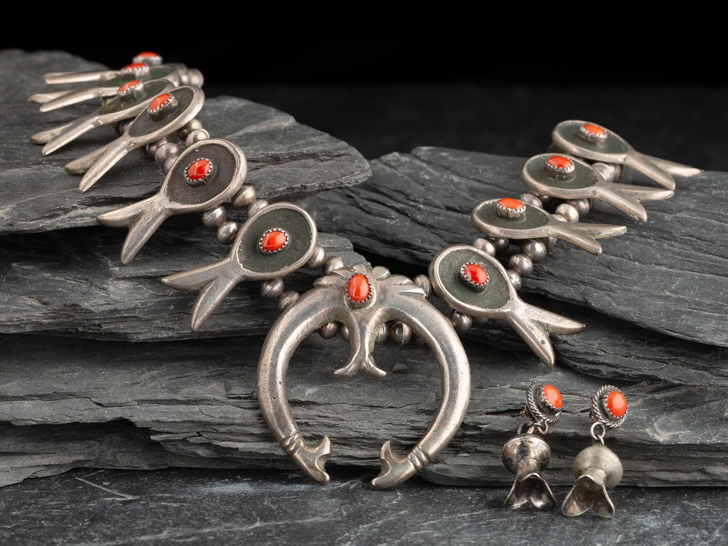 Navajo Silver and Coral Squash Blossom Necklace and Post Earrings
