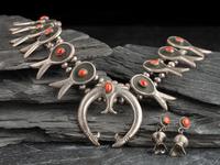 Navajo Silver and Coral Squash Blossom Necklace and Post Earrings