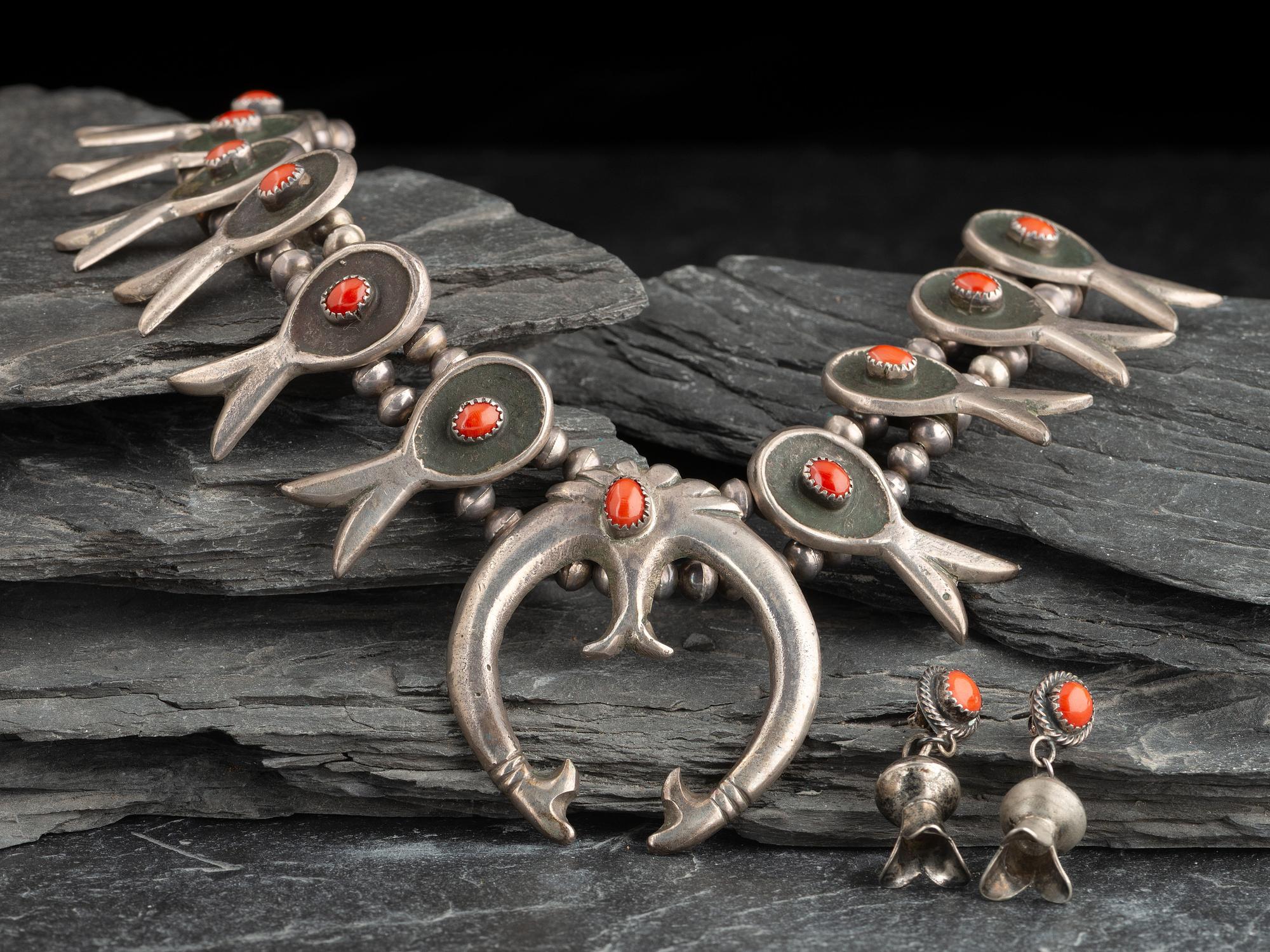 Navajo Silver and Coral Squash Blossom Necklace and Post Earrings