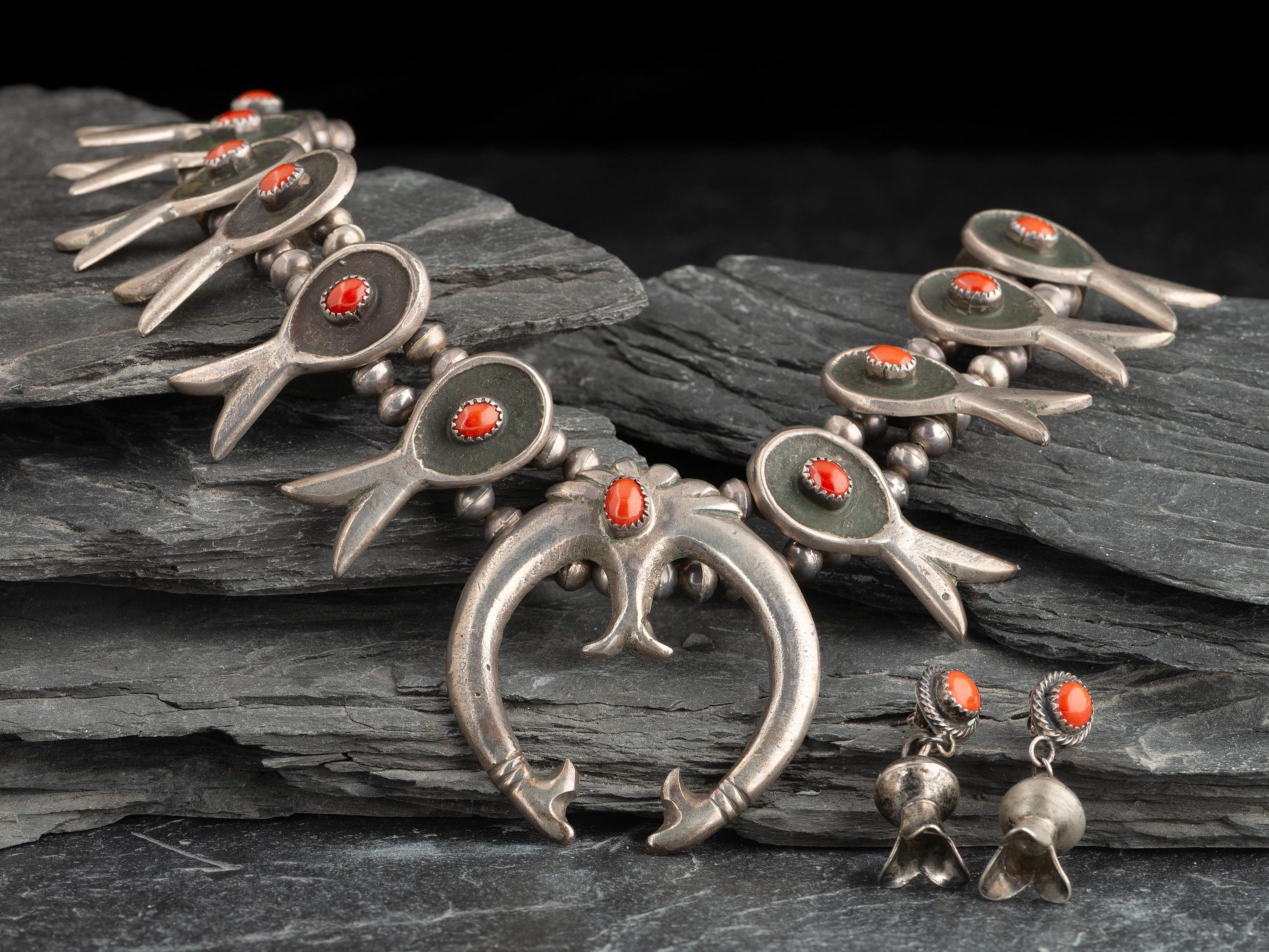 Navajo Silver and Coral Squash Blossom Necklace and Post Earrings