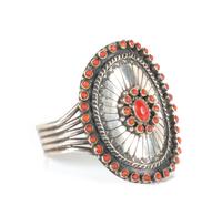Navajo/Zuni Silver and Coral Cuff Bracelet 6 inches around with 1 inch opening — (Mid 20th Century)
