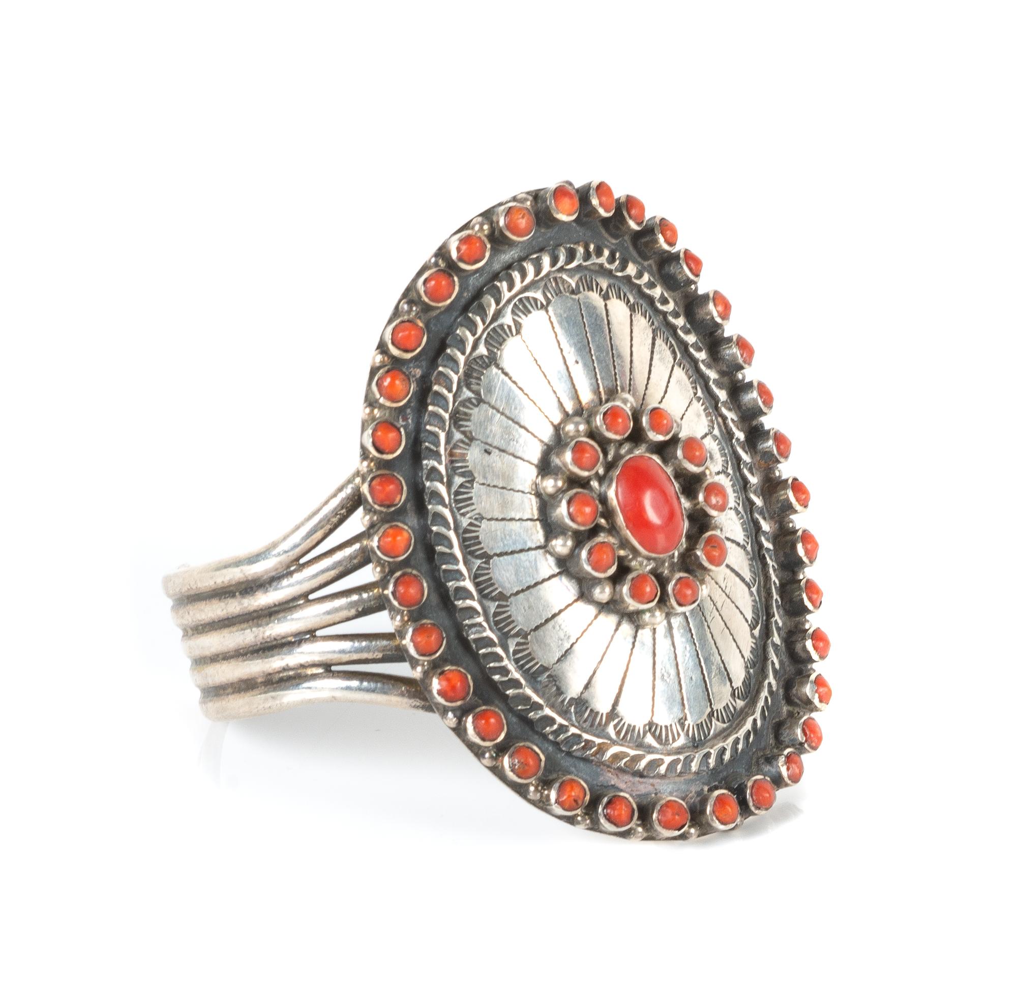 Navajo/Zuni Silver and Coral Cuff Bracelet 6 inches around with 1 inch opening — (Mid 20th Century)