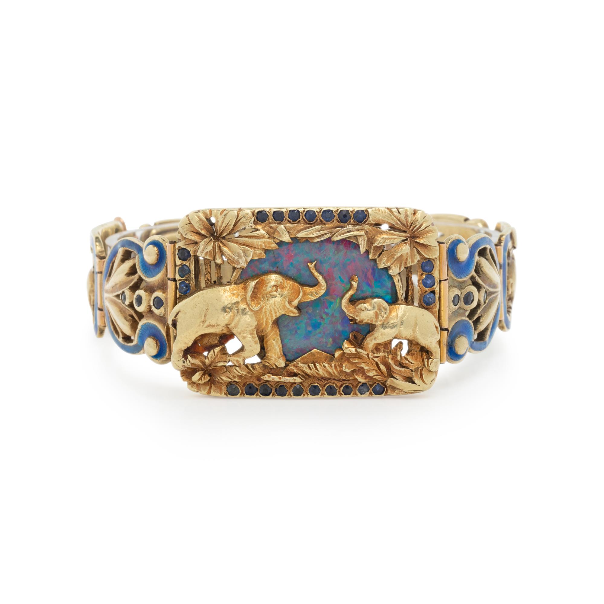 BLACK OPAL DOUBLET, SAPPHIRE, AND ENAMEL BRACELET