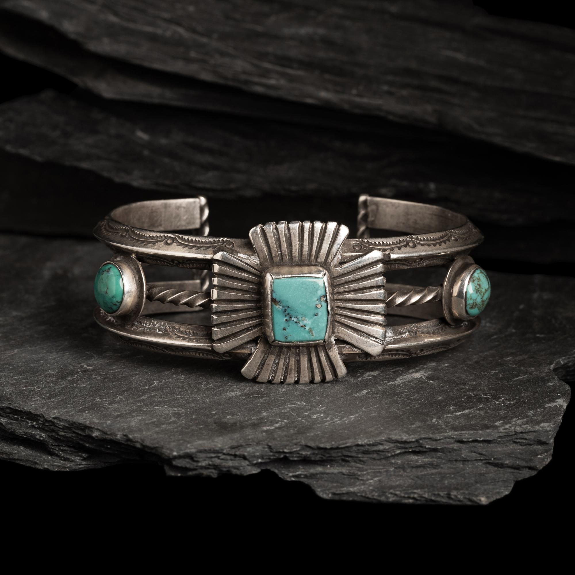 Navajo Silver and Turquoise Cuff Bracelet with Maltese Cross