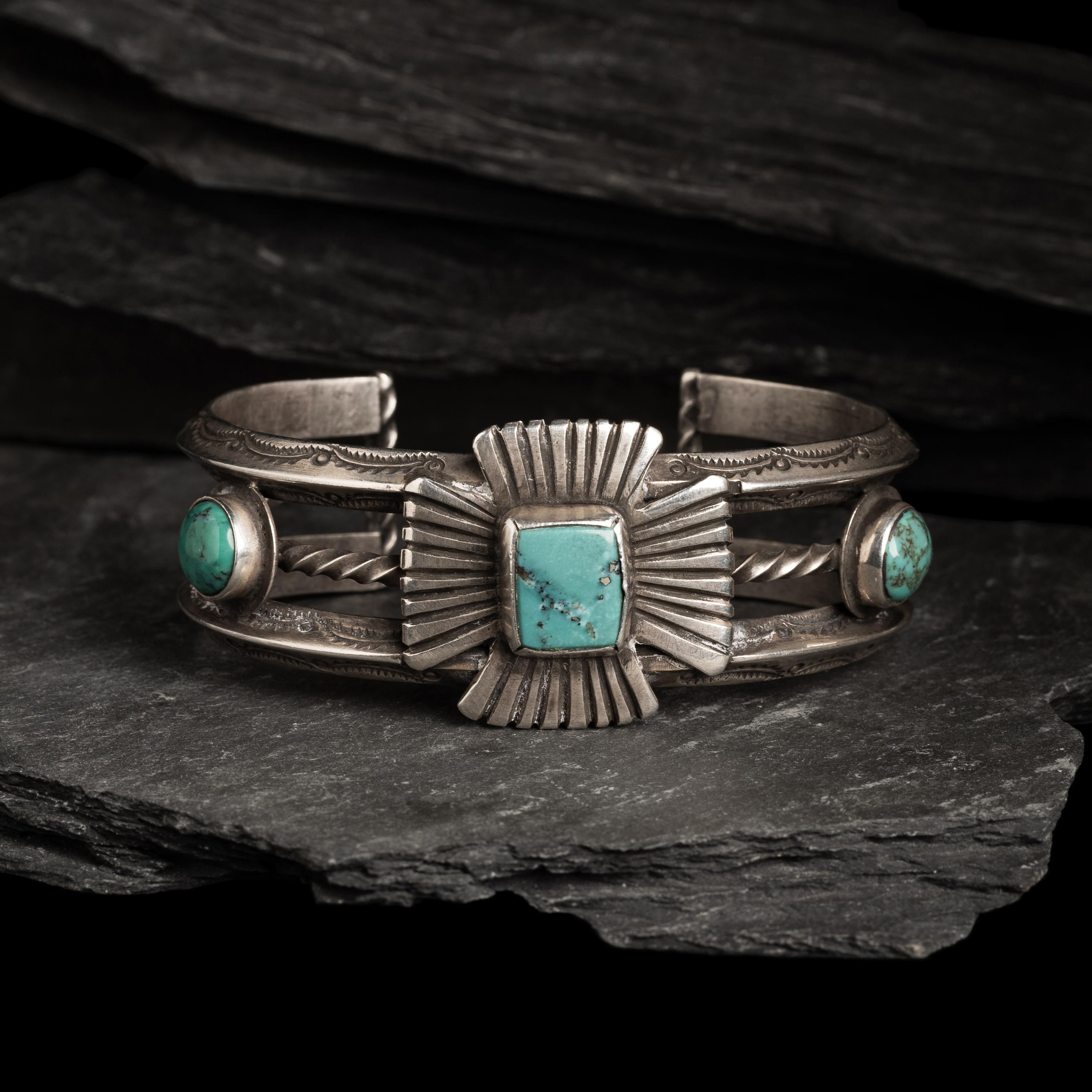 Navajo Silver and Turquoise Cuff Bracelet with Maltese Cross