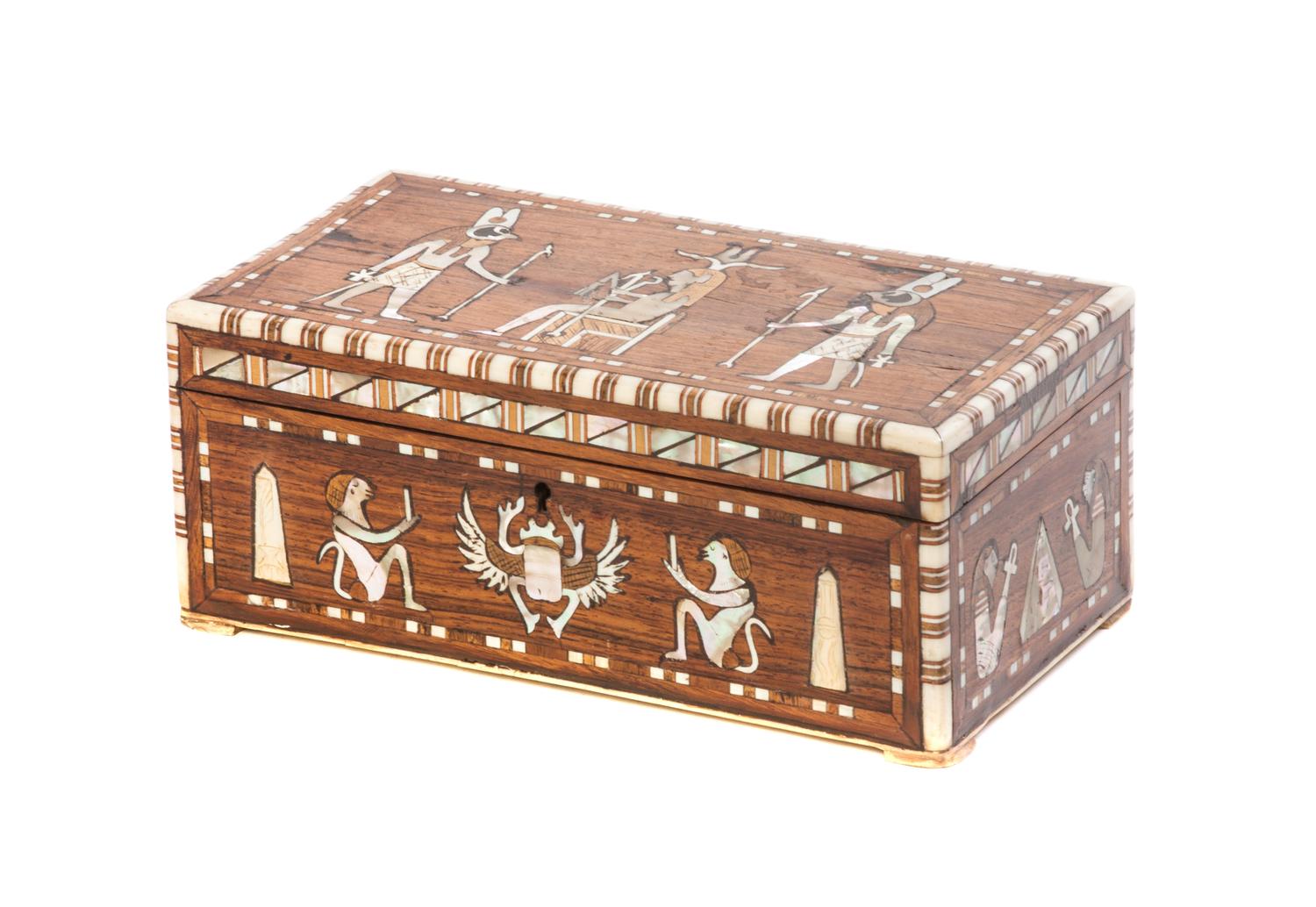An Egyptian Revival Mother-of-Pearl and Ivory Inlaid Rosewood Box, Width 8 inches.