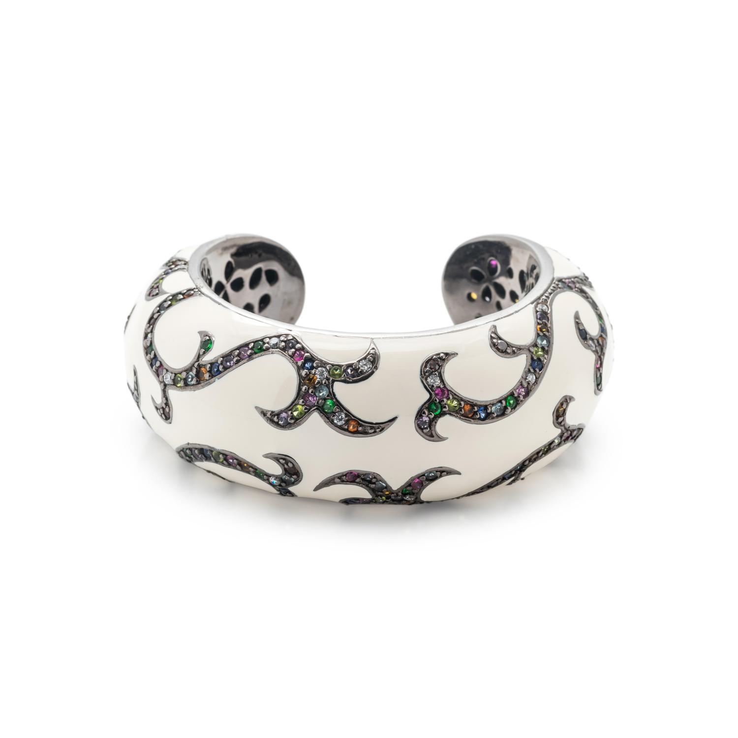 WHITE ENAMEL AND BLACKENED SILVER CUFF BRACELET