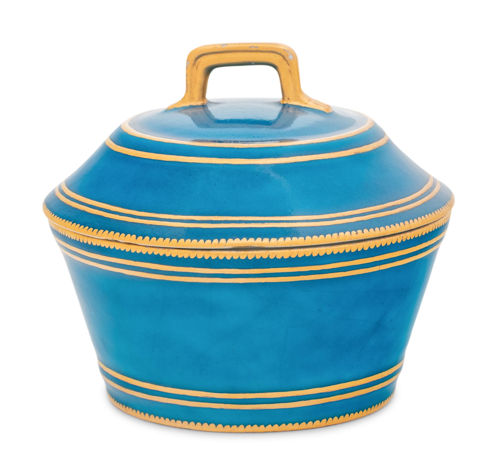 A Vincennes Bleu Céleste Plein Porcelain Sugar Bowl and Cover ( Pot à Sucre ' à Cerceau' ou 'à Cuvier', 1ère Grandeur )
