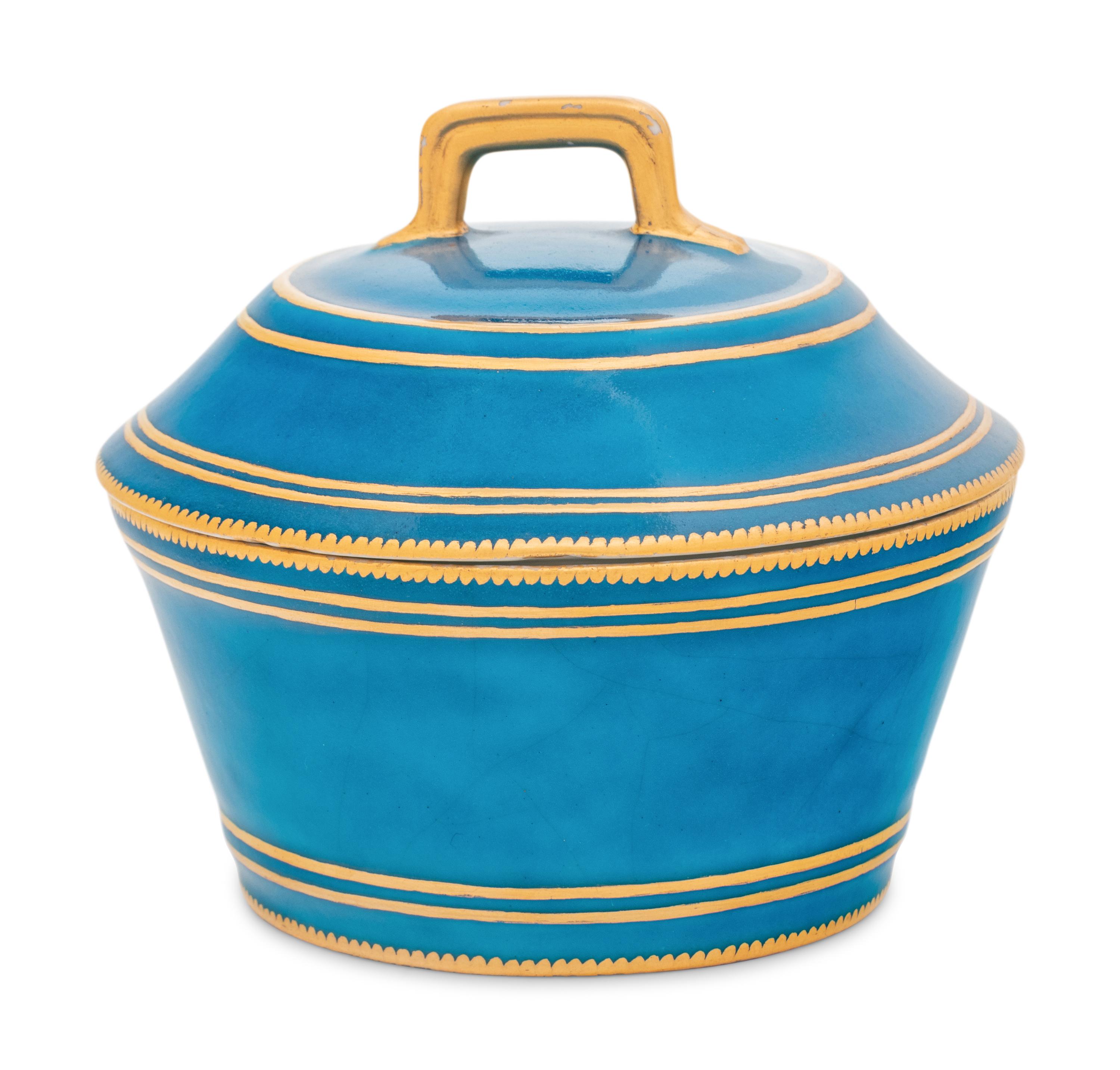 A Vincennes Bleu Céleste Plein Porcelain Sugar Bowl and Cover ( Pot à Sucre ' à Cerceau' ou 'à Cuvier', 1ère Grandeur )