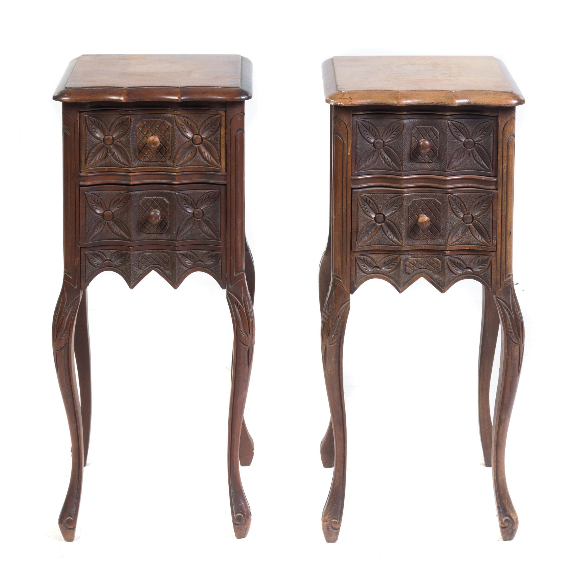 A Pair of French Provincial Style Walnut Side Tables Height 28 3/4 x width 12 1/2 x depth 10 1/2 inches.