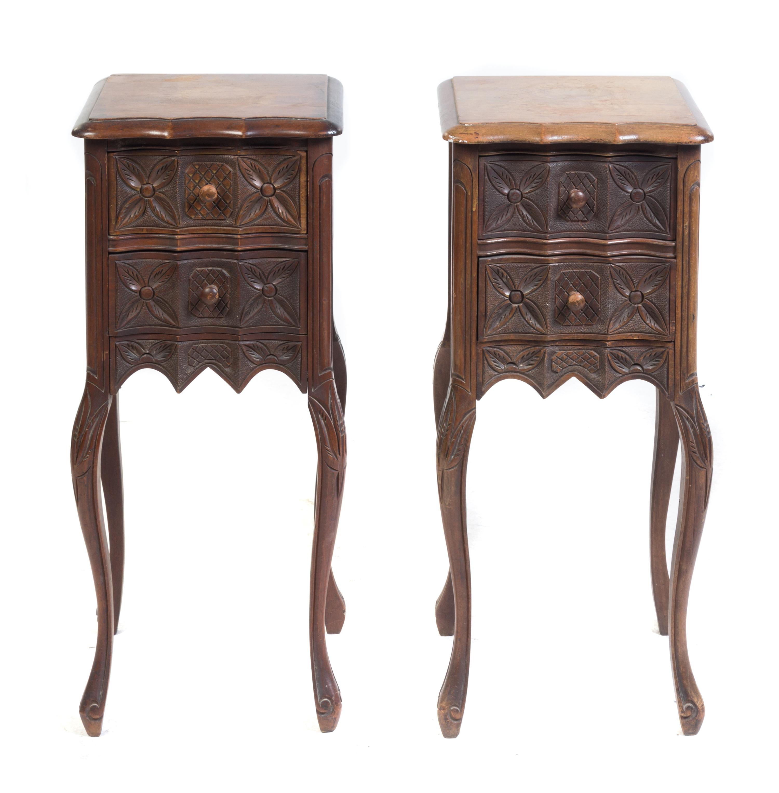 A Pair of French Provincial Style Walnut Side Tables Height 28 3/4 x width 12 1/2 x depth 10 1/2 inches.