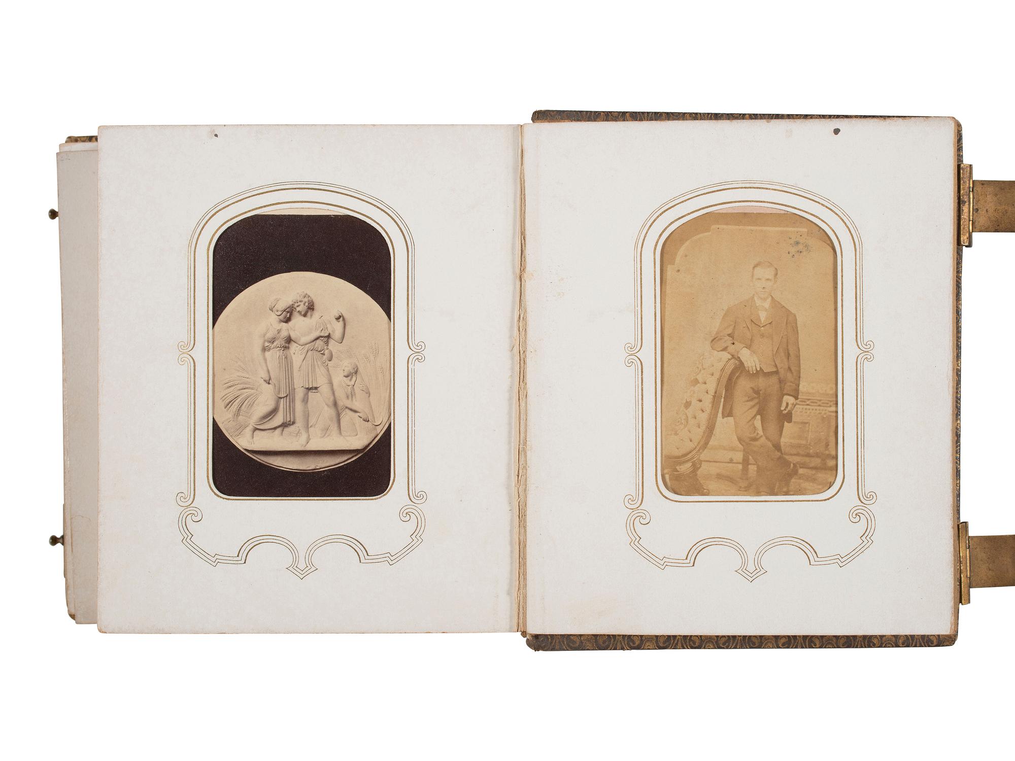 [EARLY PHOTO] CDV album incl. image of Lincoln's elk-horn chair, with photo of Buffalo Bill's boots