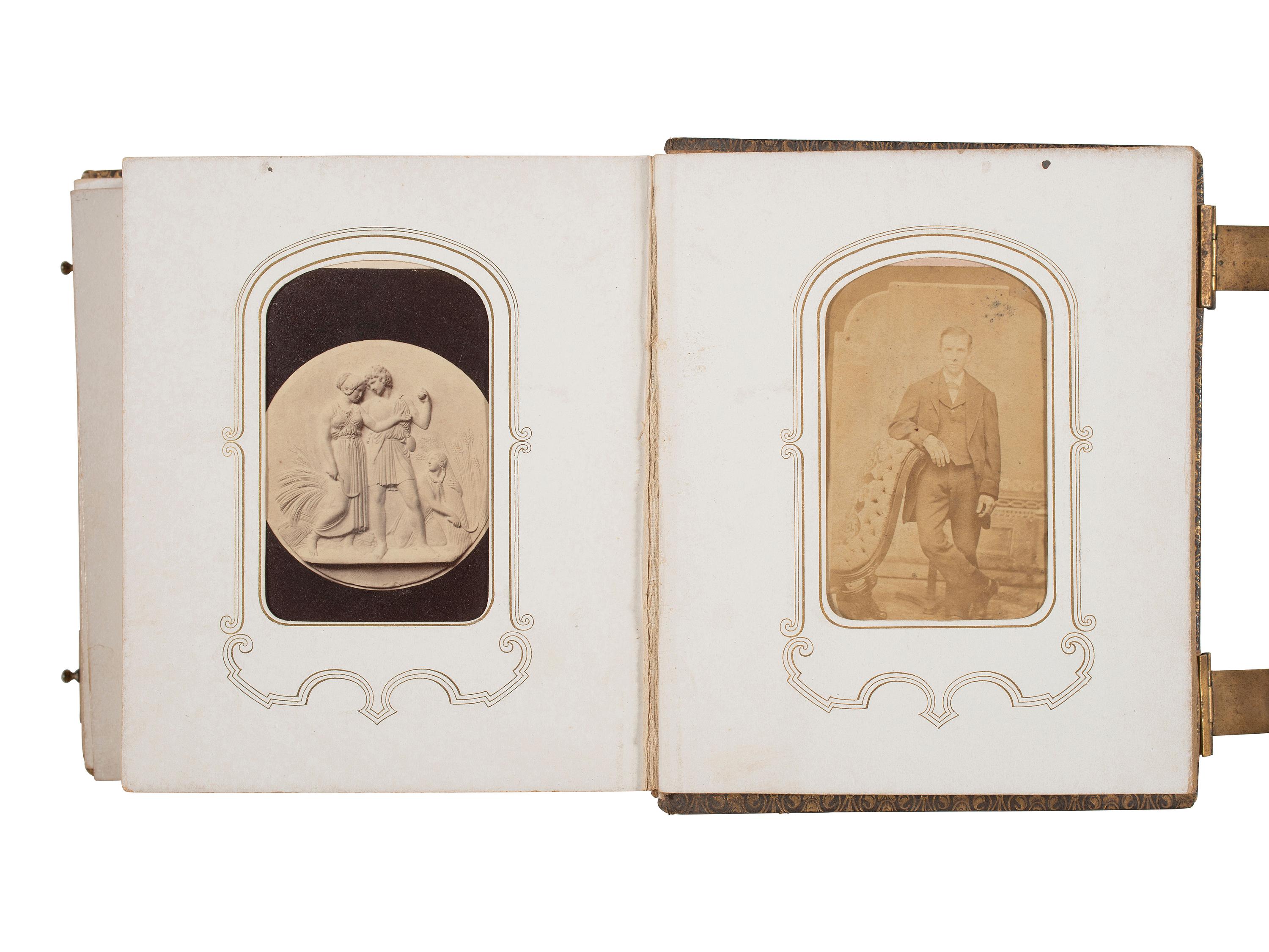 [EARLY PHOTO] CDV album incl. image of Lincoln's elk-horn chair, with photo of Buffalo Bill's boots