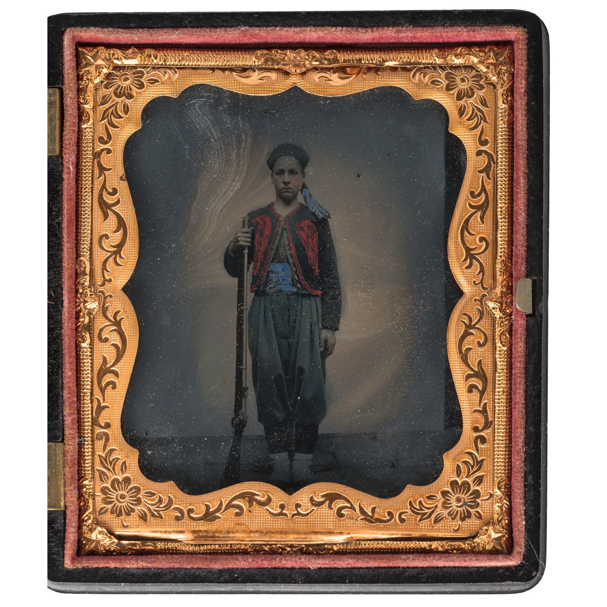 Sixth Plate Civil War Tintype of an Armed Zouave