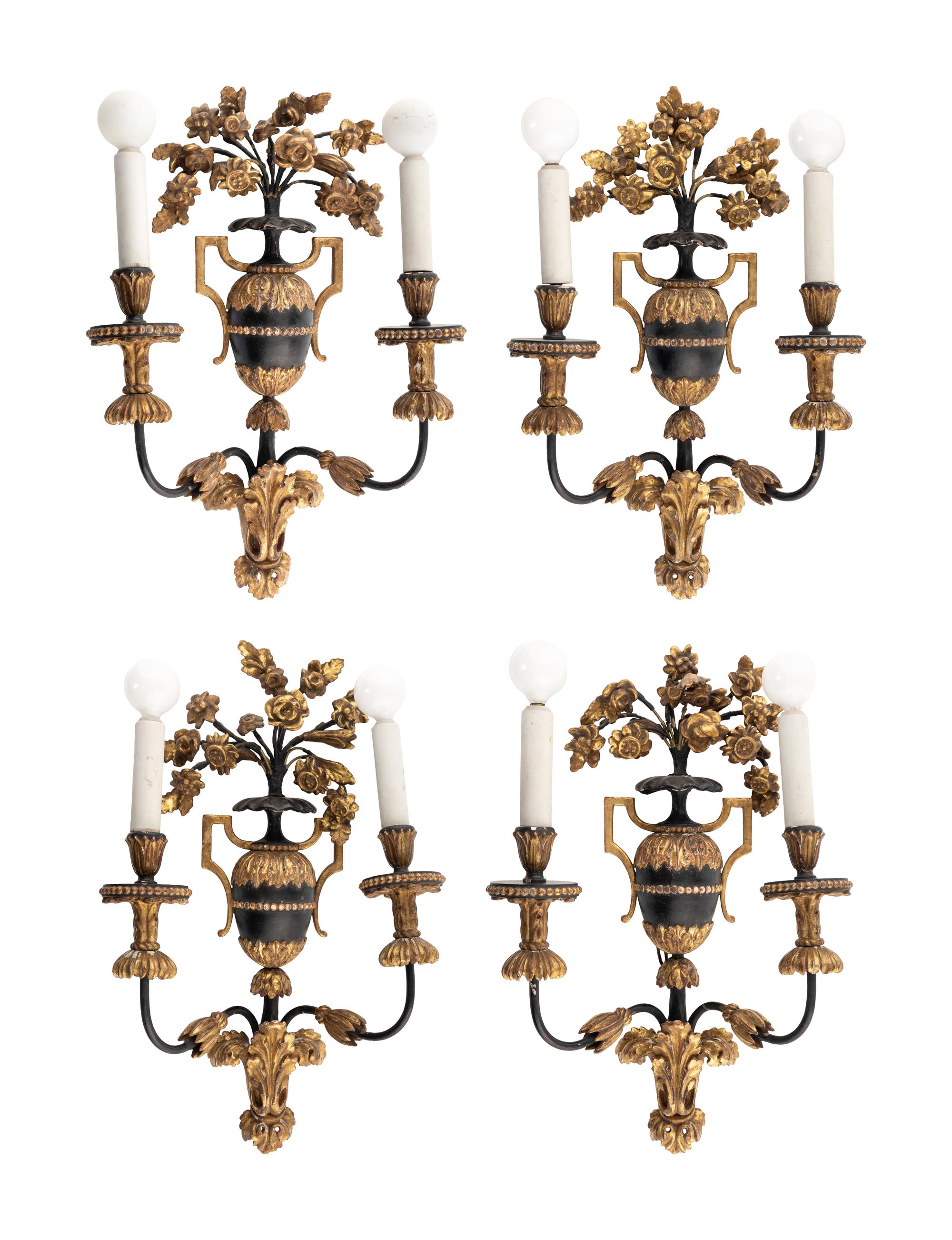 A Set of Four Italian Painted and Parcel Gilt Sconces