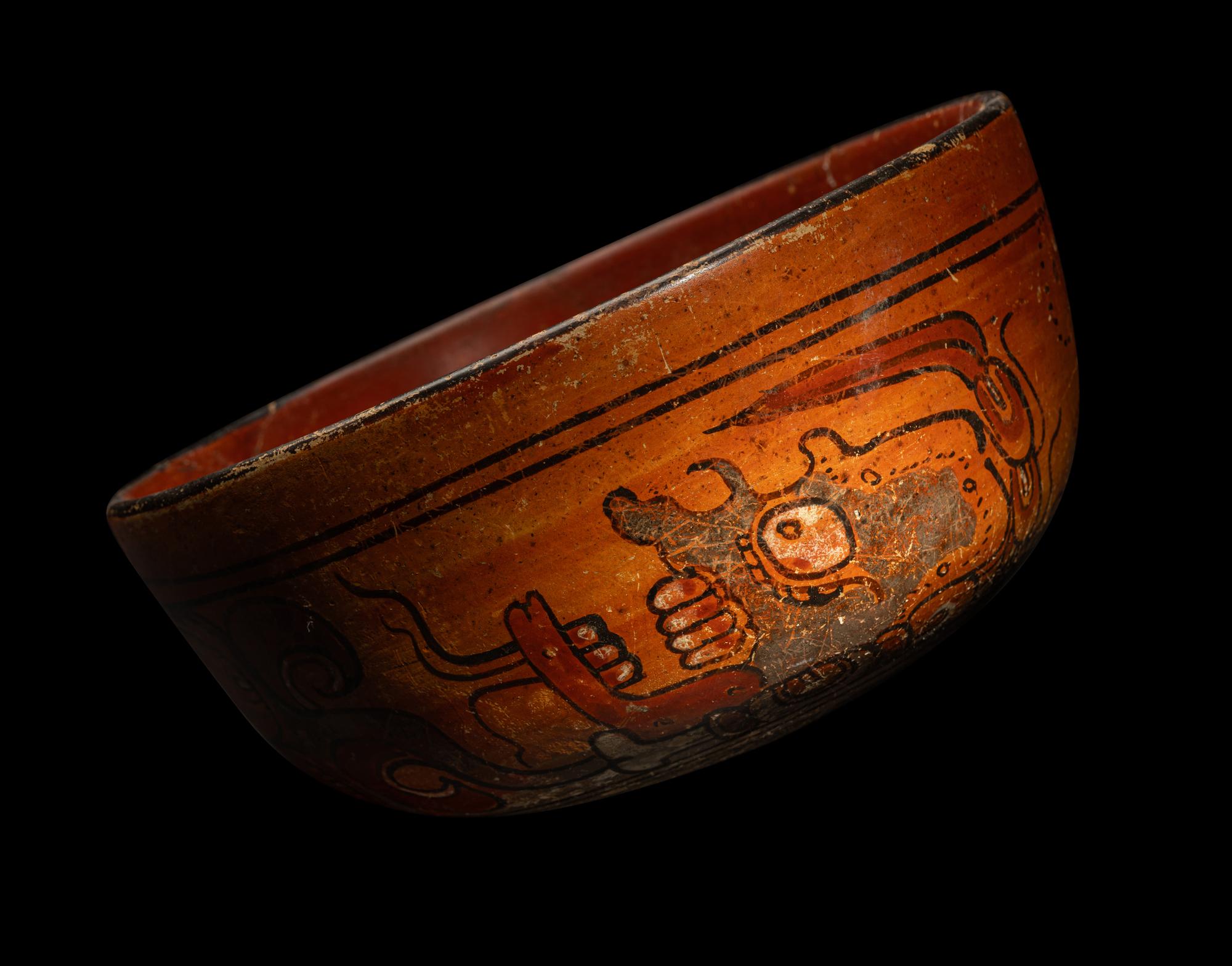 A Maya Polychrome Terracotta Bowl with Xibalba Gods and Glyphs