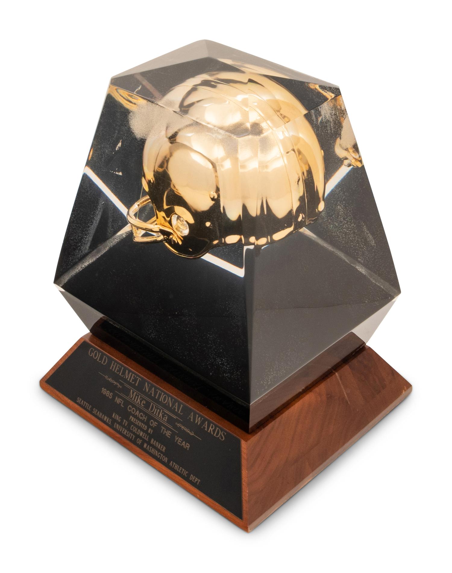 A 1985 Gold Helmet National Awards NFL Coach of the Year Award Trophy Presented to Mike Ditka Formerly Displayed at Mike Ditka's Restaurant
