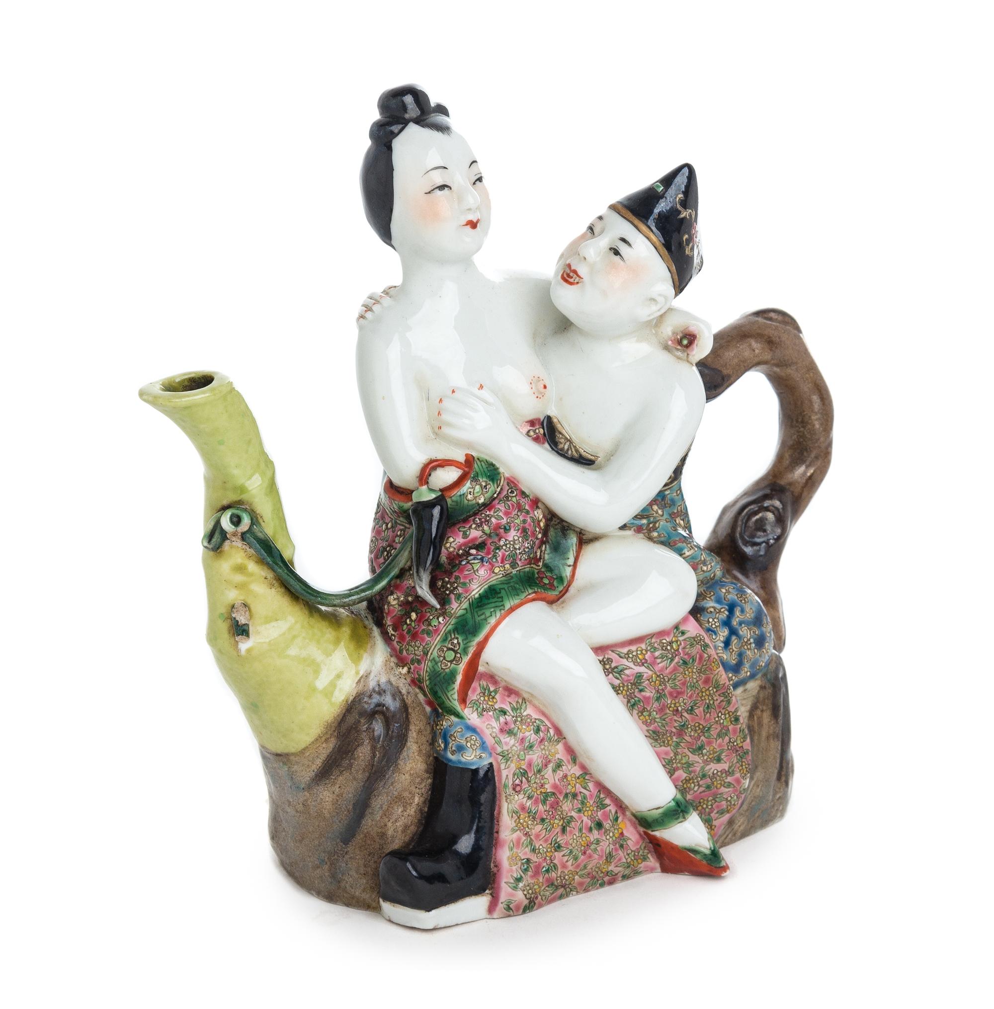 A Famille Rose Porcelain Erotic Wine Pot Height 5 3/4 inches. — LATE QING DYNASTY