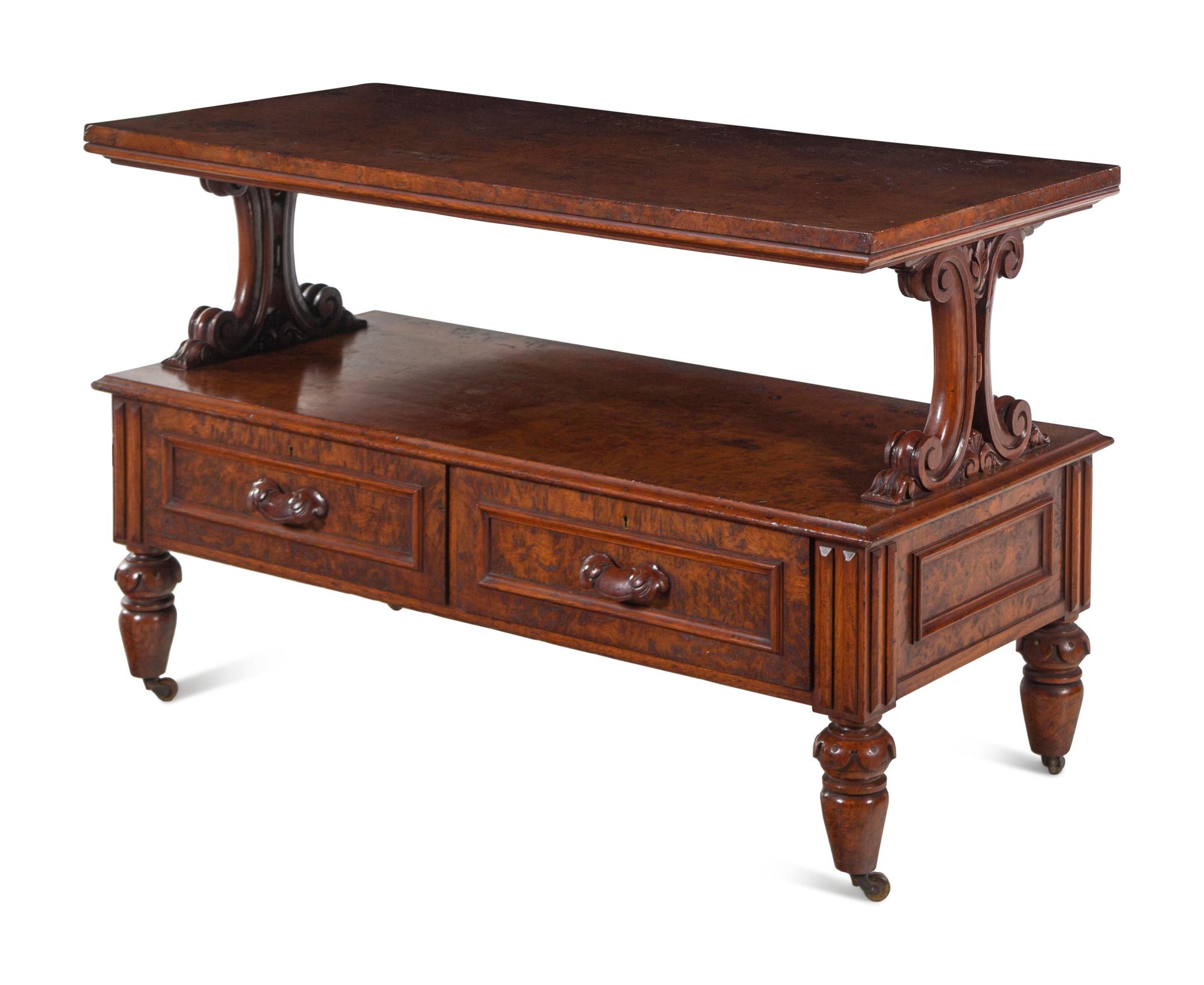 A Late William IV Burl Walnut Two-Tier Table