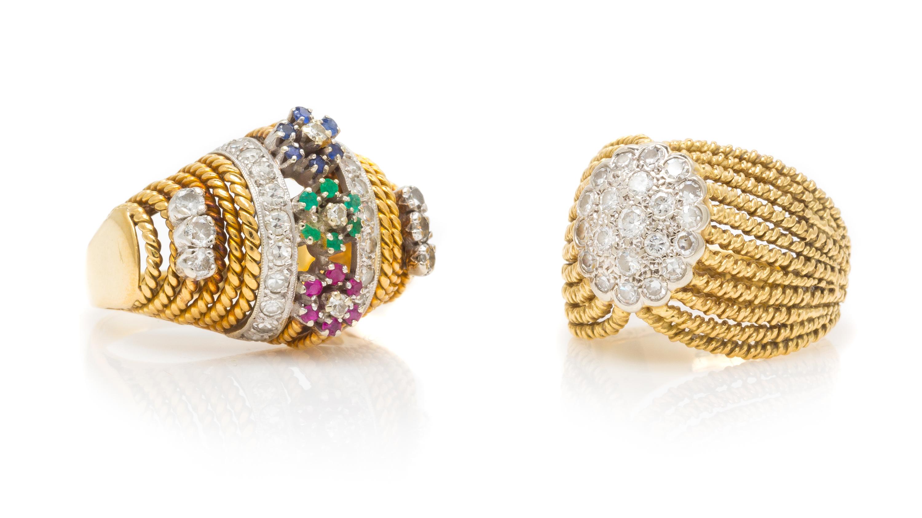 A Collection of 18 Karat Yellow Gold and Diamond Rings, 13.00 dwts.