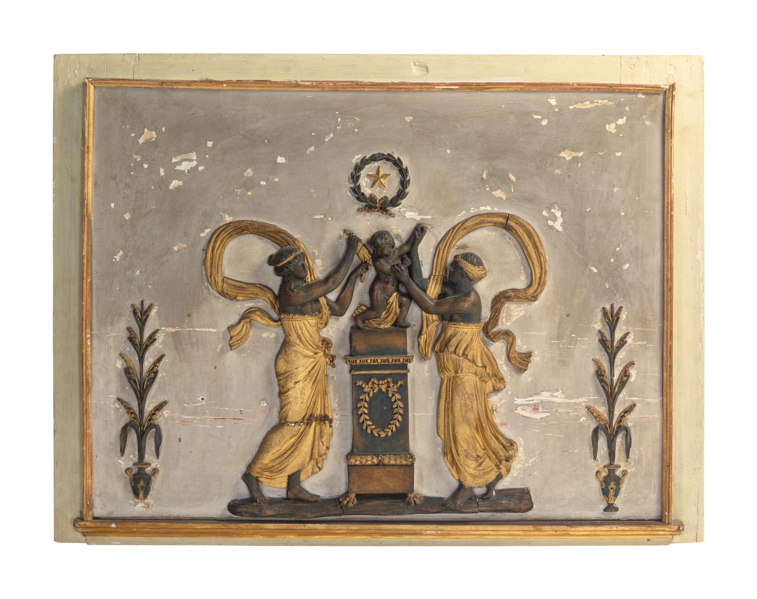 A Neoclassical Painted and Parcel-Gilt Trumeau Mirror