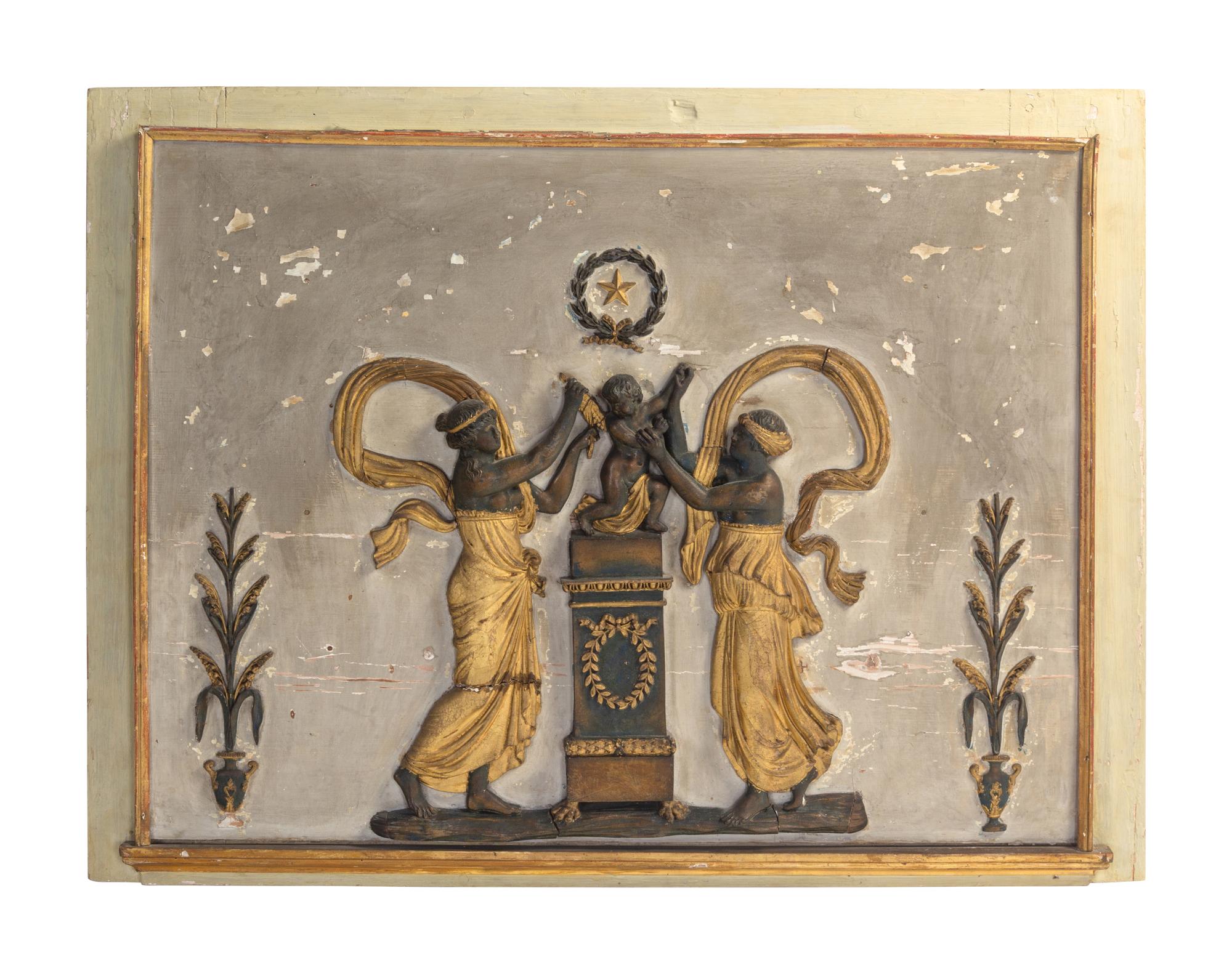 A Neoclassical Painted and Parcel-Gilt Trumeau Mirror