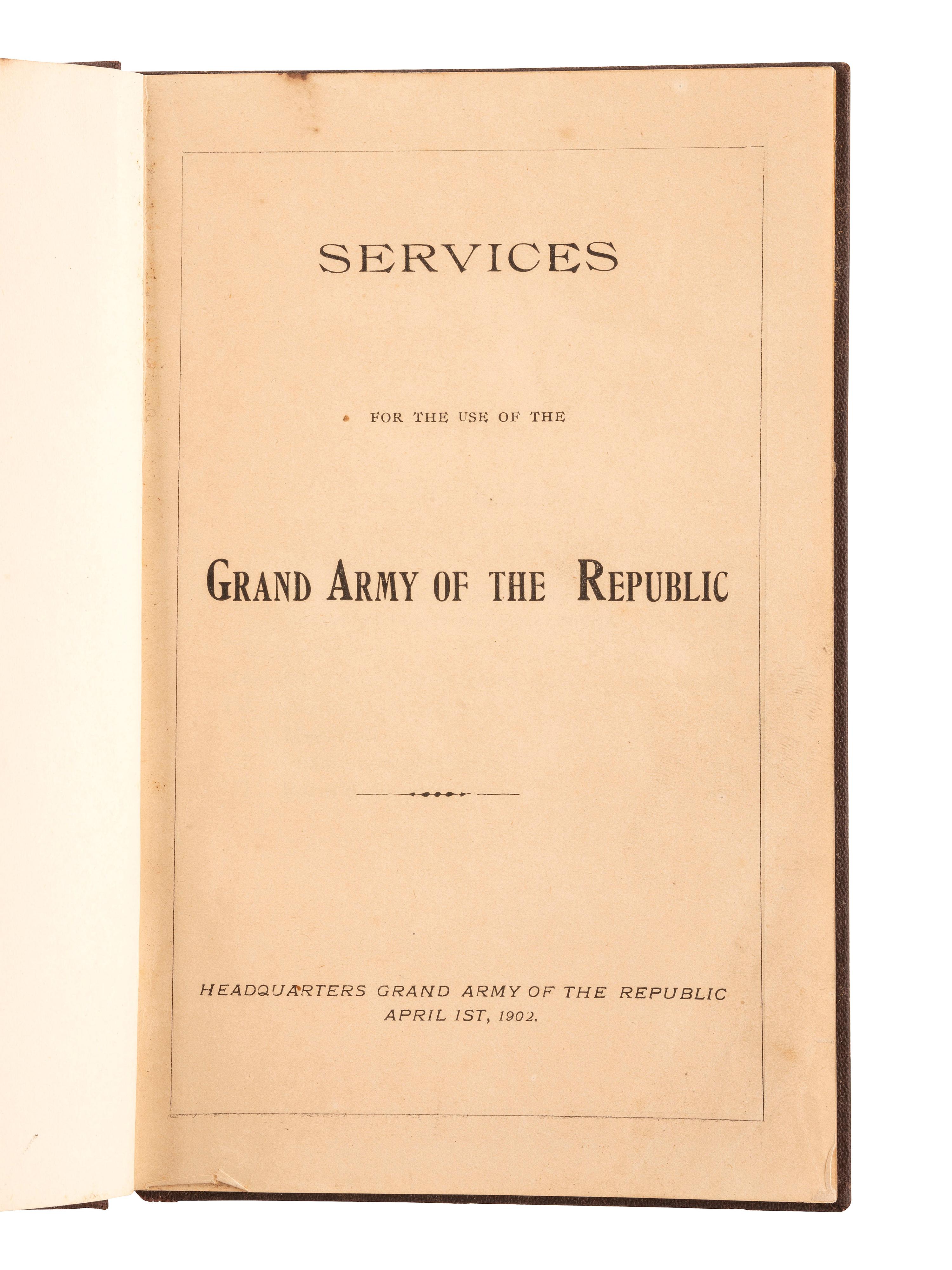 [CIVIL WAR -- VETERAN ORGANIZATIONS]. Memorial book, card, and badge, Corporal William H. Woodrow, Company C, 84th Ohio Infantry.