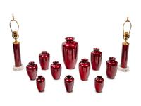 12 Japanese Red Ground Cloisonné Enamel and Embossed Foil 'Ginbari' Articles