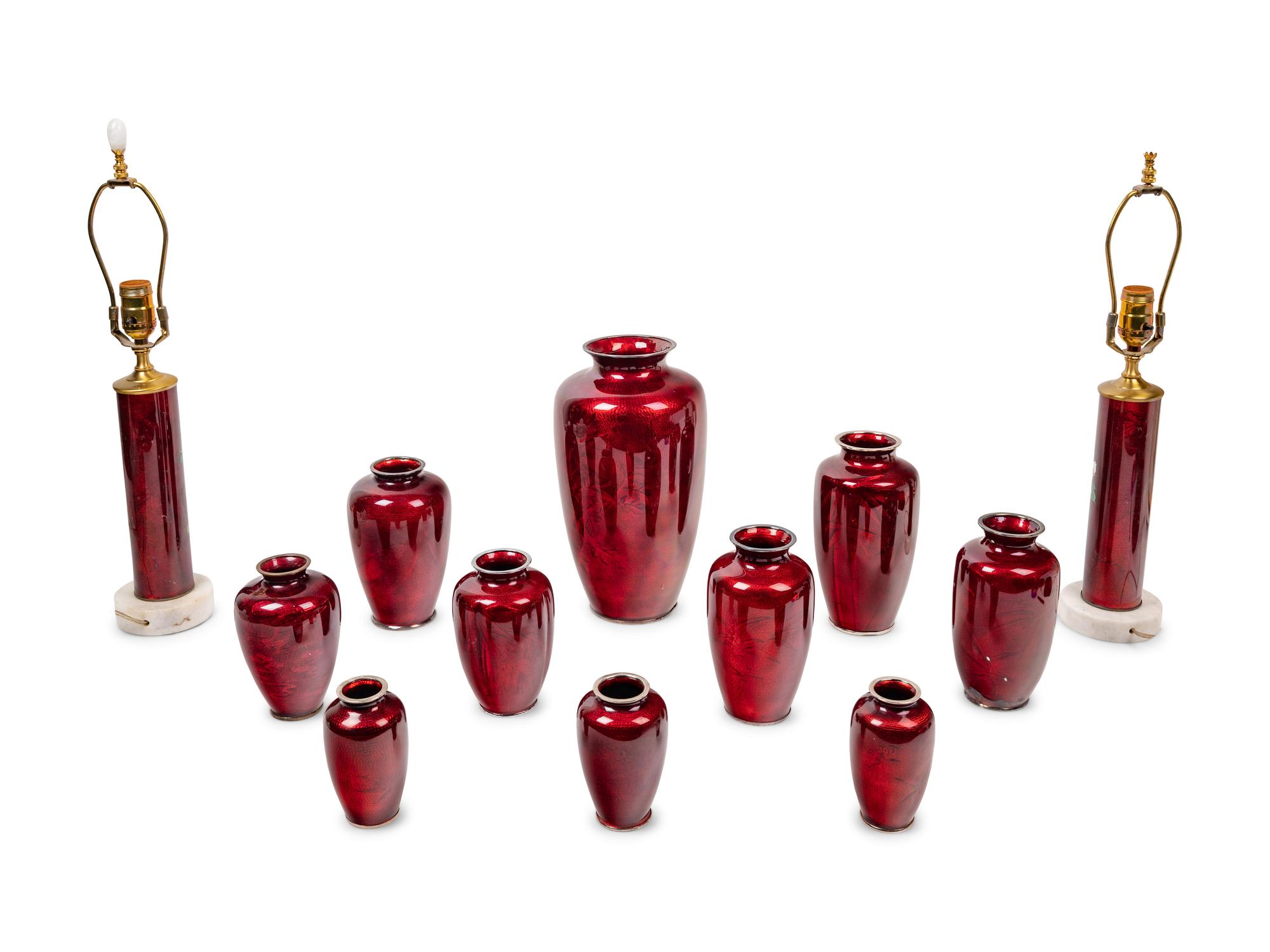 12 Japanese Red Ground Cloisonné Enamel and Embossed Foil 'Ginbari' Articles
